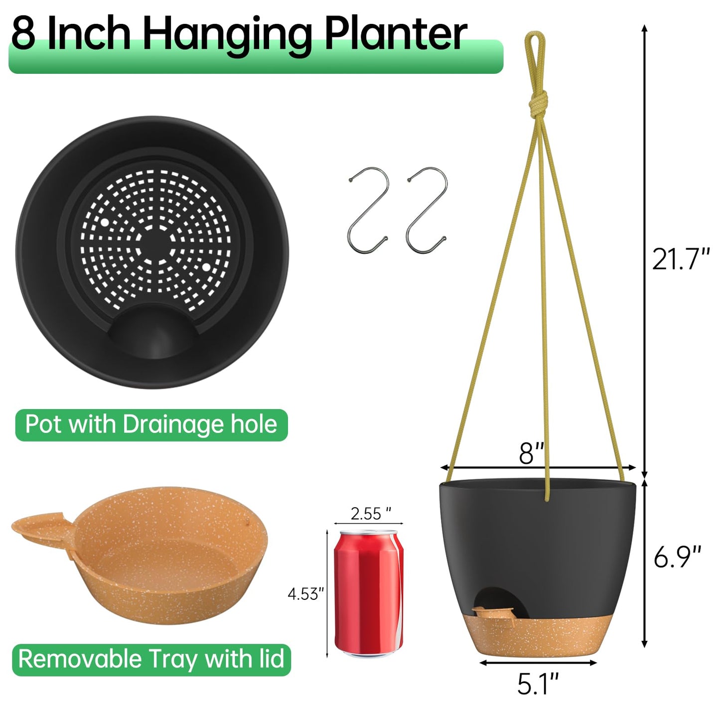 ZMTECH 8 Inch Hanging Planters for Indoor Outdoor Plants 2 Pack Self Watering Hanging Plant Pots with Drainage Holes and Removable Saucer Plastic Flower Hanging Pots with Watering Lip (Black)