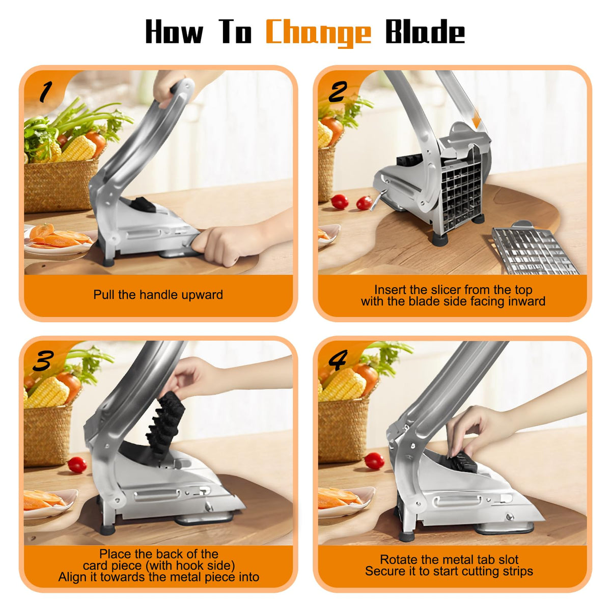 French Fry Cutter, Stainless Steel Potato Cutter, Potato Slicer, Includes 2 Blade Size Cutter Options and No-Slip Suction Base, Perfect for use with Air Fryer