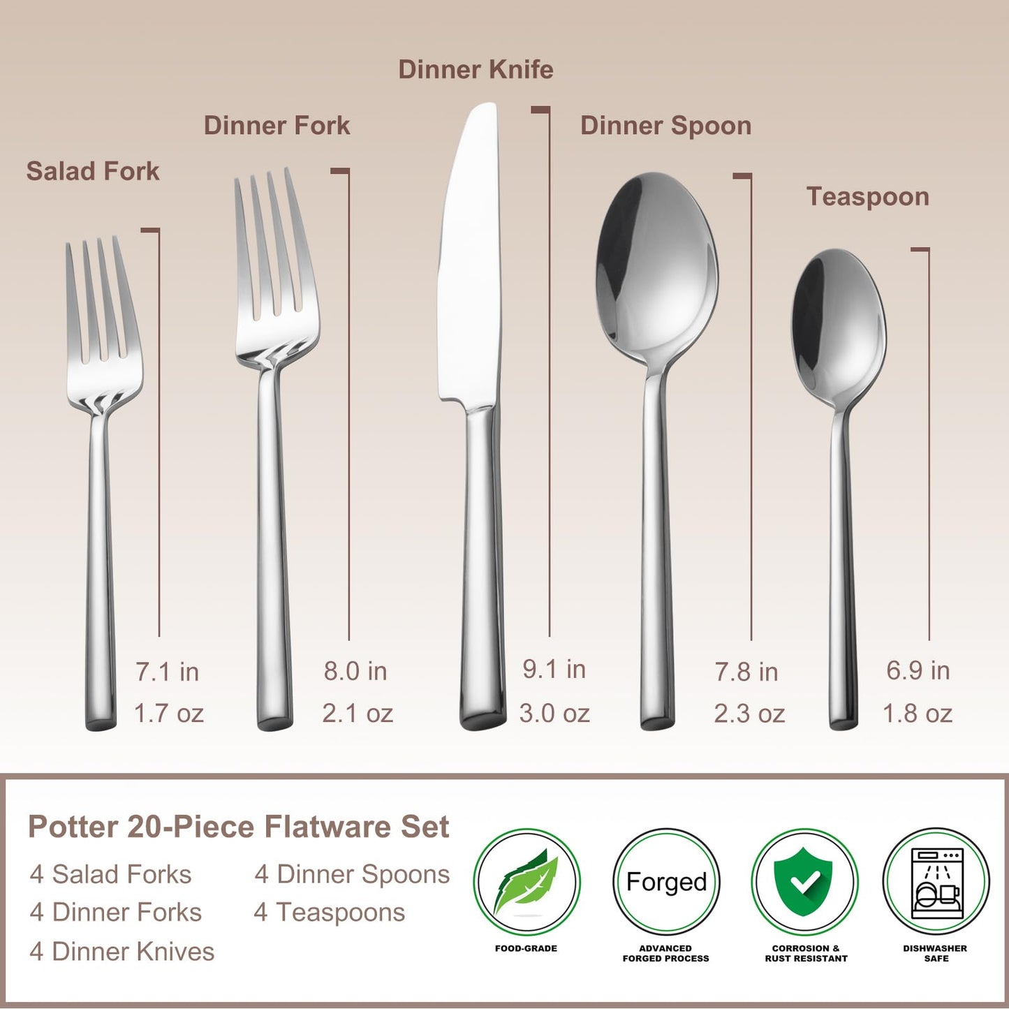 Alata Potter 20-Piece Forged Silverware Set Stainless Steel Flatware Set,Service for 4,Include Fork Spoon Knife,Mirror Polished Cutlery Set,Utensil Sets for Home Restaurant Wedding,Dishwasher Safe