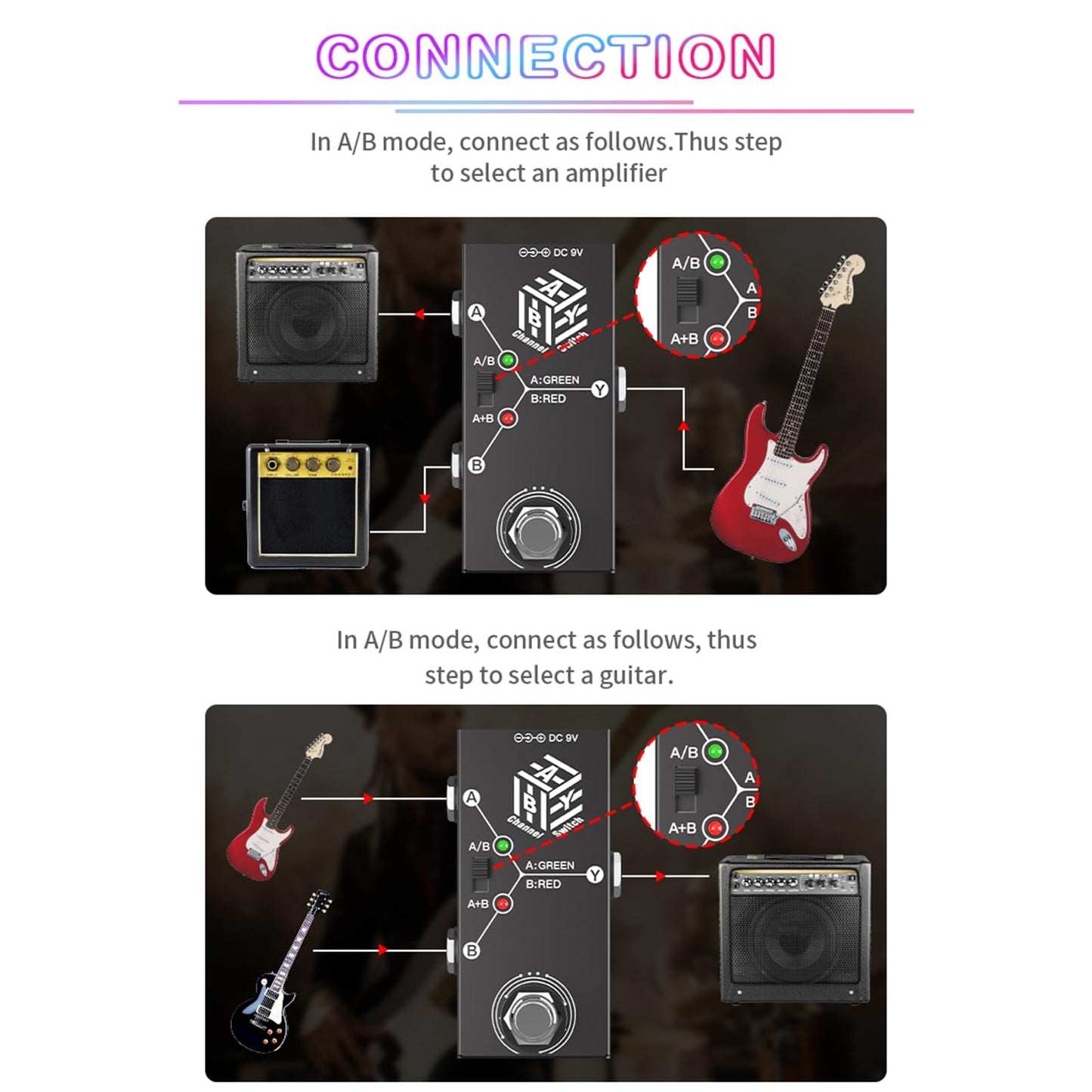 RUSUO Guitar Pedals ABY Box Line Selector AB Switch Mini Guitar Effect Pedal Bidirectional Transmission Metal Casing Anti-Slip Support A/B or A and B Modes