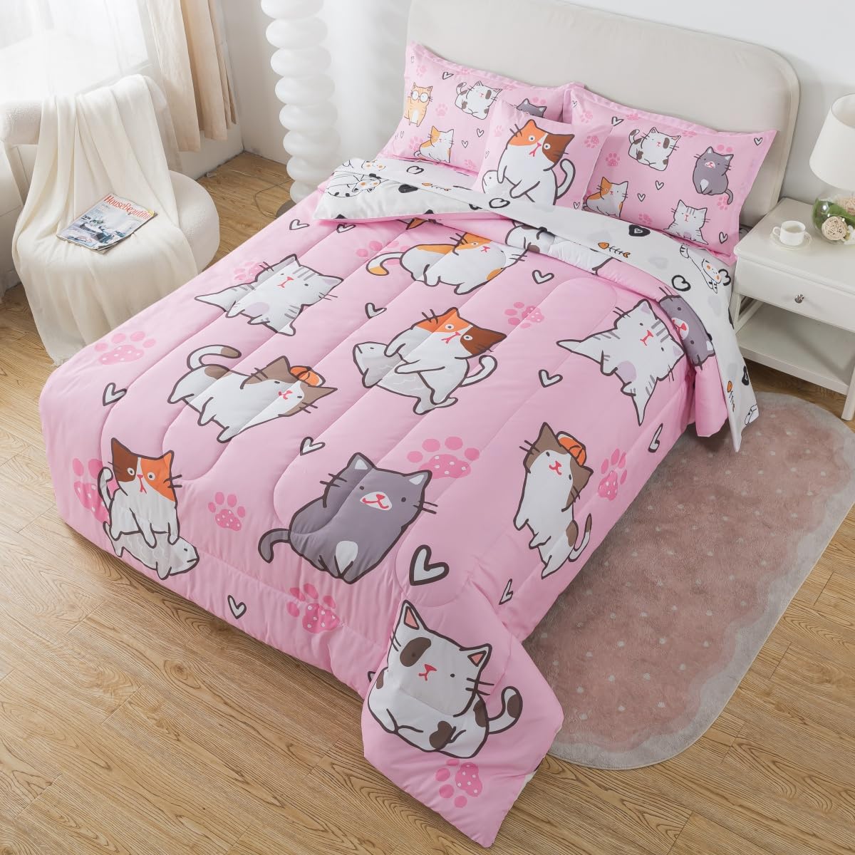 lishjekee 6 Pieces Cute Cat Comforter Twin for Girls Pink Cats Bedding Set Bed in A Bag for Kids Kawaii Pets Kitten Comforter and Sheets Set Cartoon Animal Bed Sets Home Decor