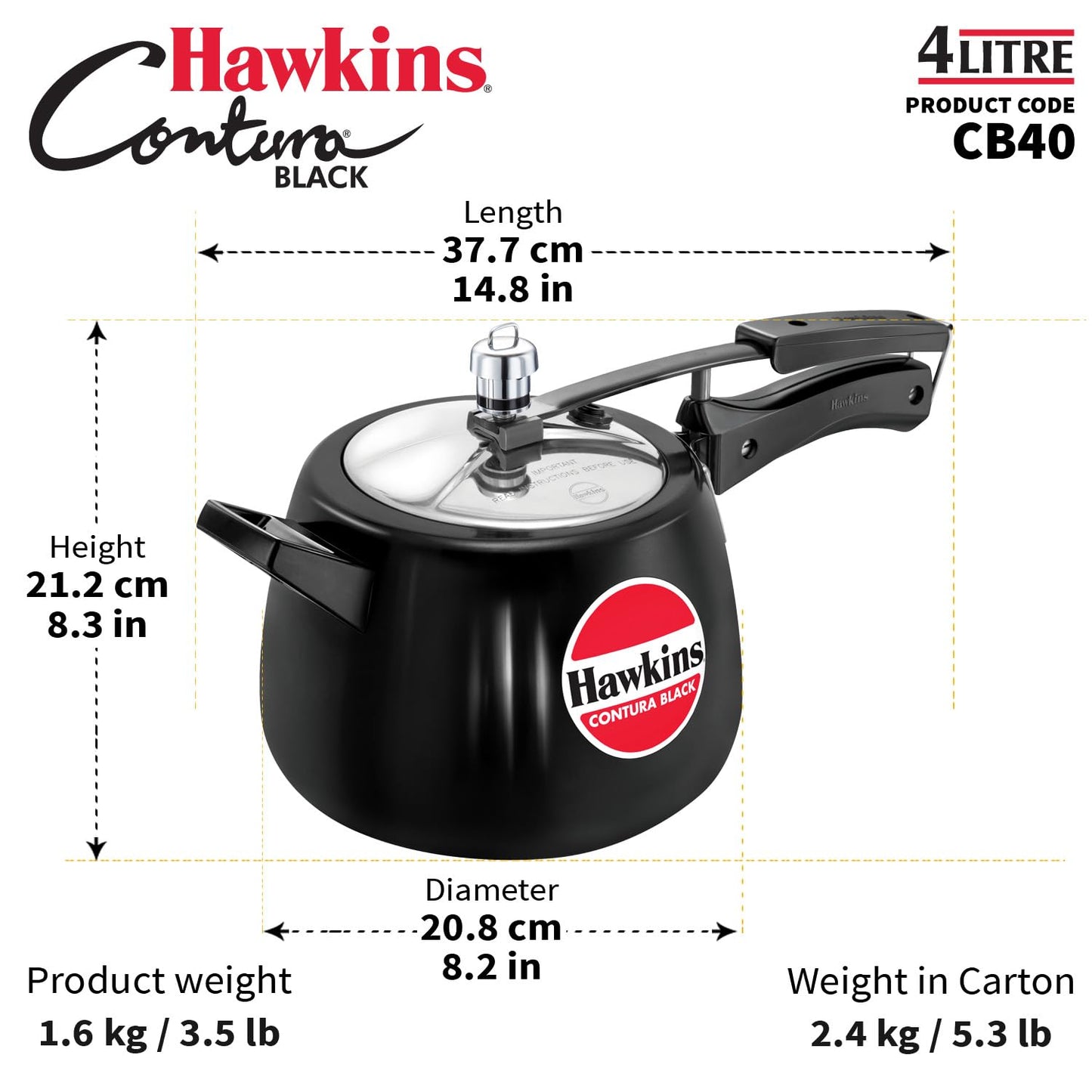 Hawkins CB40 Hard Anodised Pressure Cooker, 4-Liter, Contura Black