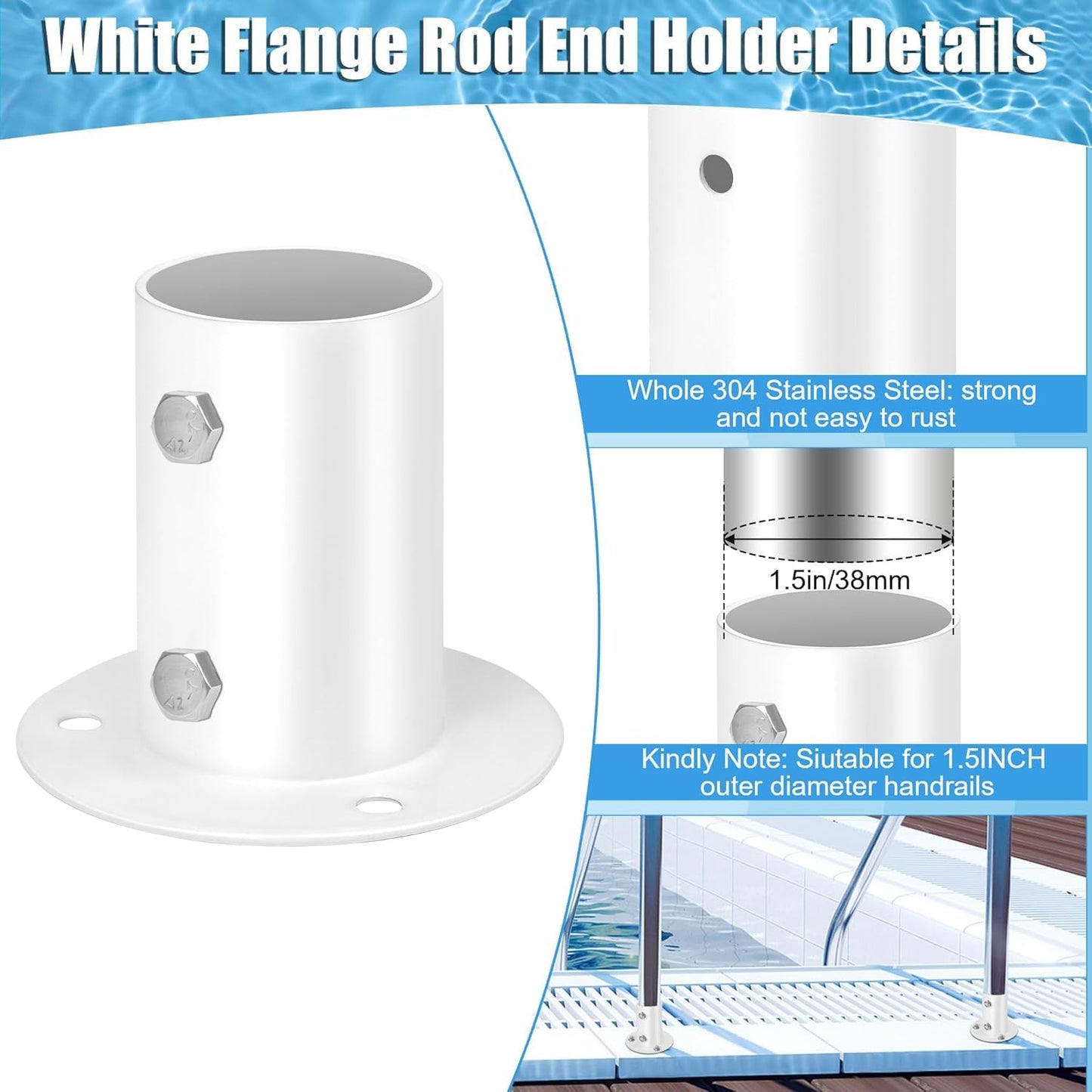 4-Pack Pool Deck Flanges, COITEK 304 Stainless Steel Flange Anchors Ladder Brackets for 1.5" Above Ground Pool Ladders and Handrails, Includes Screws Bolts for Easy Installation and Replacement