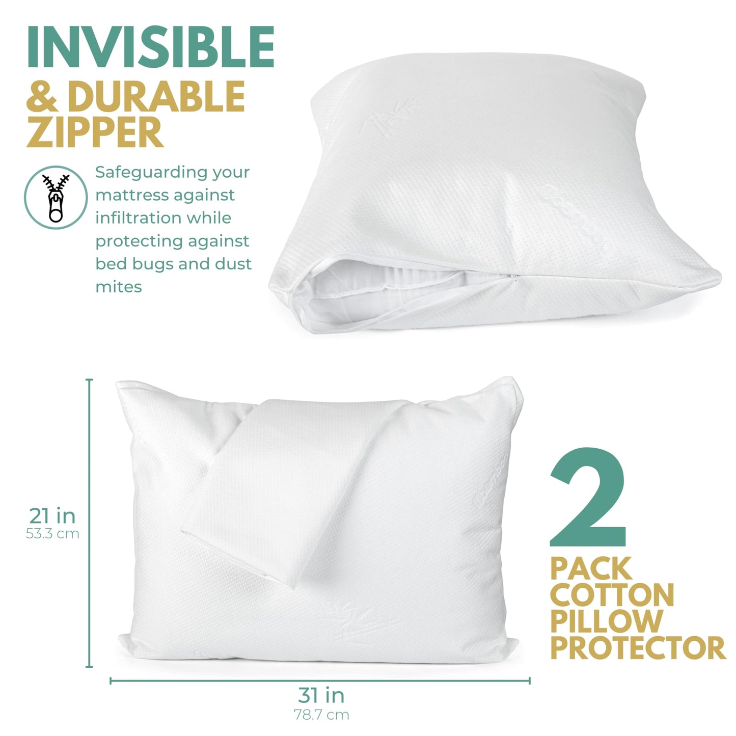 Queen Size 21" x 31” Set of 2 Premium Bamboo Waterproof Zippered Pillow Protector 100% Viscose from Bamboo, Hypoallergenic, Invisible Zipper, Soft & Breathable Pillow Case Cover - Rest Line