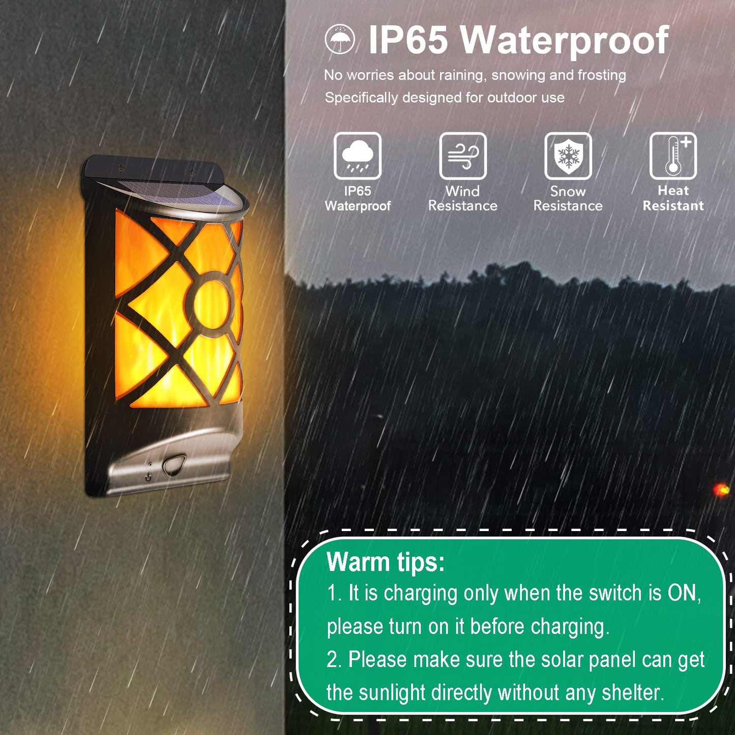 LazyBuddy Solar Wall Lights Outdoor - 66 LED Flickering Flame Wall Mount Lanterns, IP65 Waterproof Auto On/Off, Fire Effect Halloween Decoration Lighting for Garden, Fence, Patio, Deck (6 Pack)