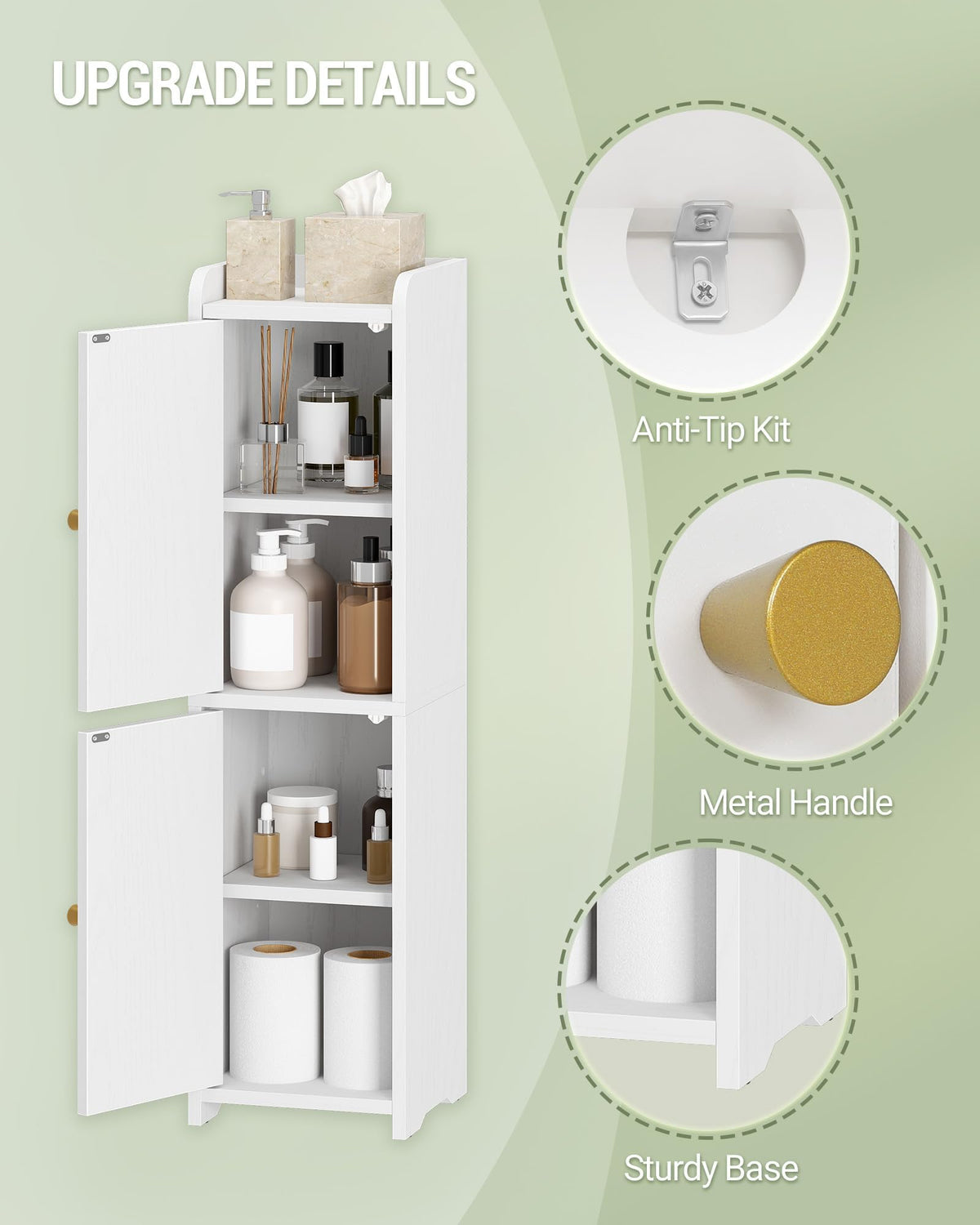 Hzuaneri Bathroom Storage Cabinet, Corner Floor Cabinet with 2 Doors and Adjustable Shelf, Narrow Toilet Paper Cabinets, Bathroom Organizer for Small Spaces, White BC49913X