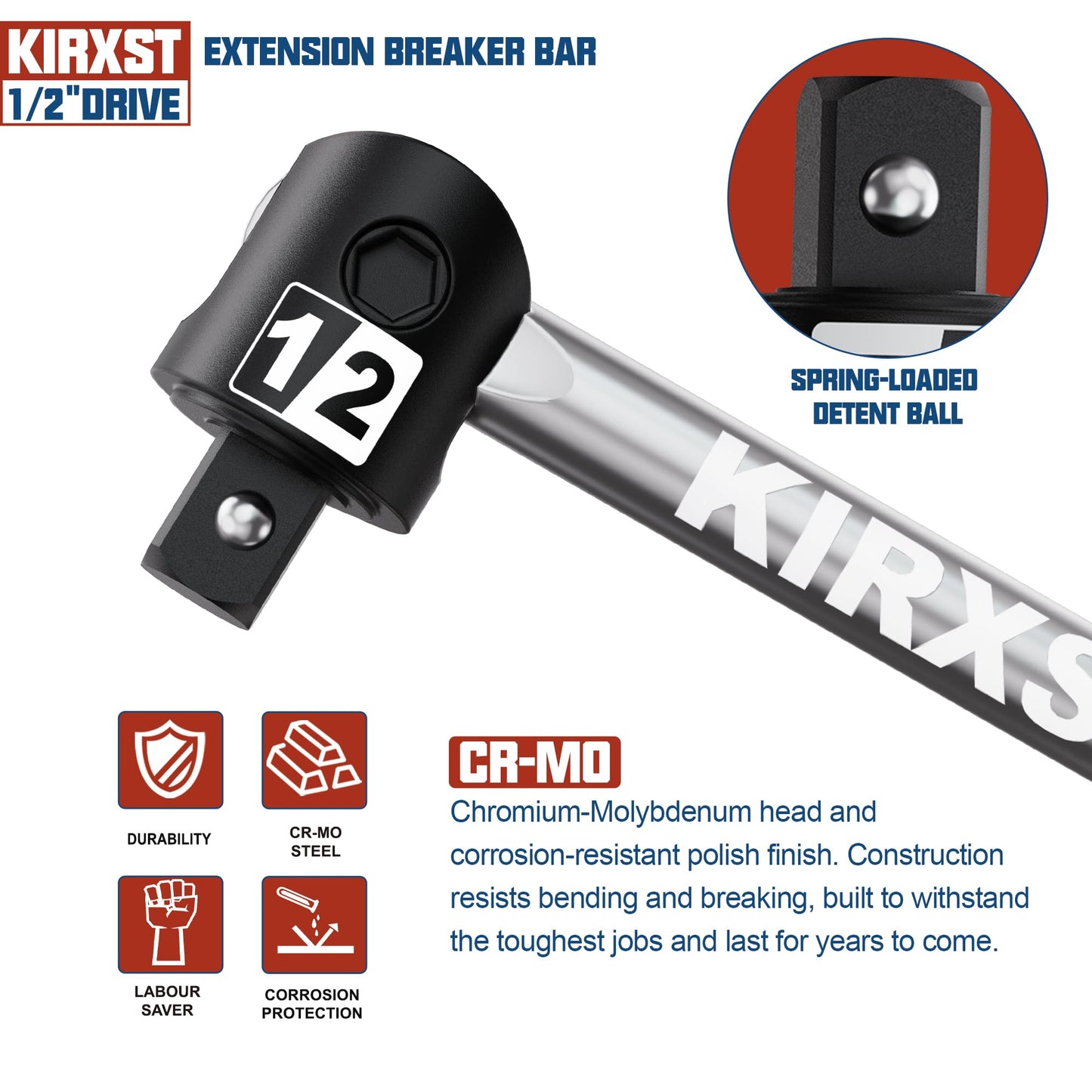 25-Inch 1/2” Drive Breaker Bar, 250° Rotatable Head, Heavy Duty Extension Breaker Bar, Ball Lock Function, Laser Marking, Mechanical Work, Automobile and Motorcycle Maintenance and Repair