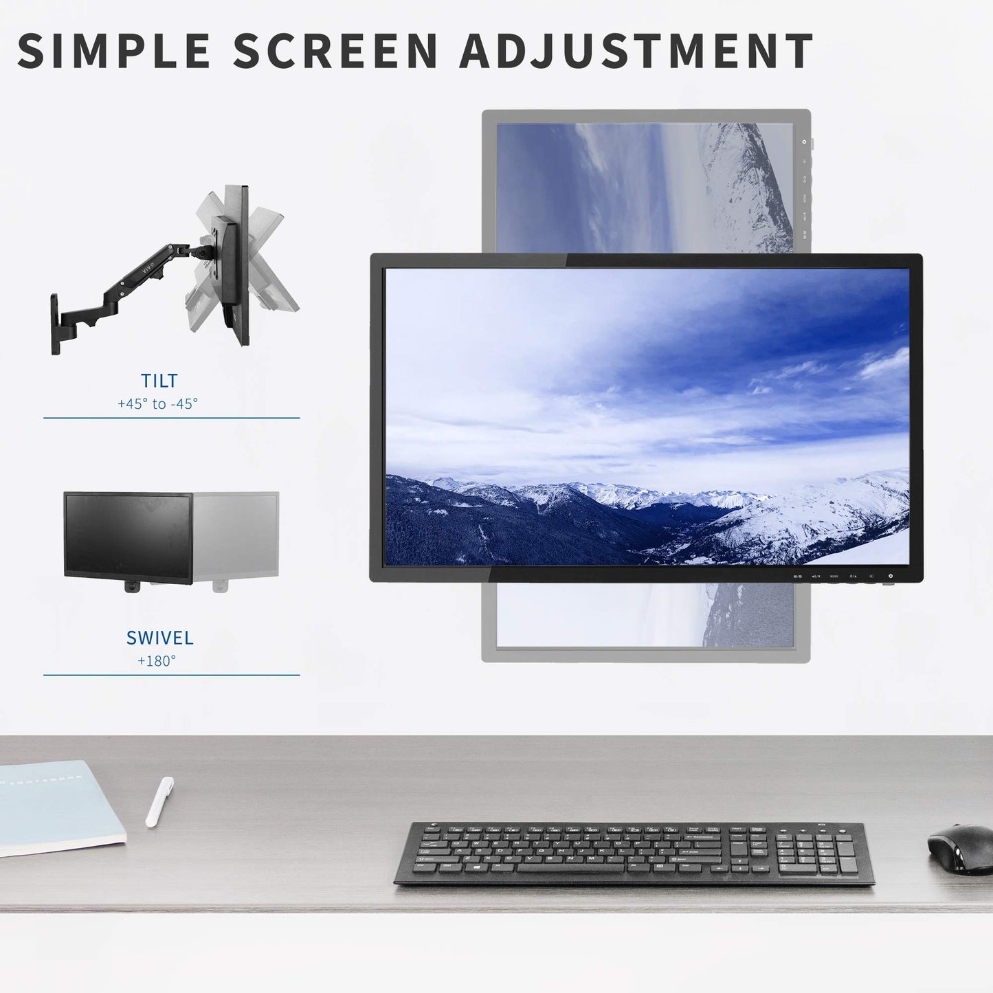 VIVO Premium Aluminum Single LCD Monitor Wall Mount, Height Adjustable Pneumatic Spring Monitor Arm for Screens up to 32 inches, MOUNT-G100B