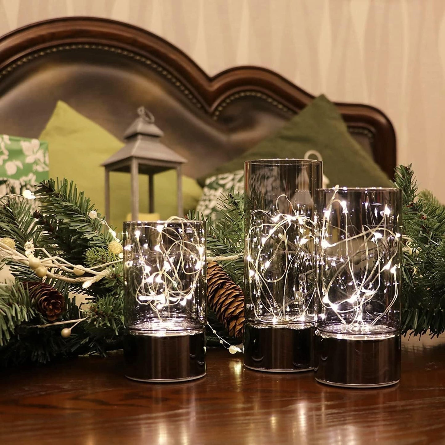 Rhytsing Set of 3 Glass Cylinder Lanterns with Fairy Lights, Decorative Table Lamp Flameless Candle with Timer Function