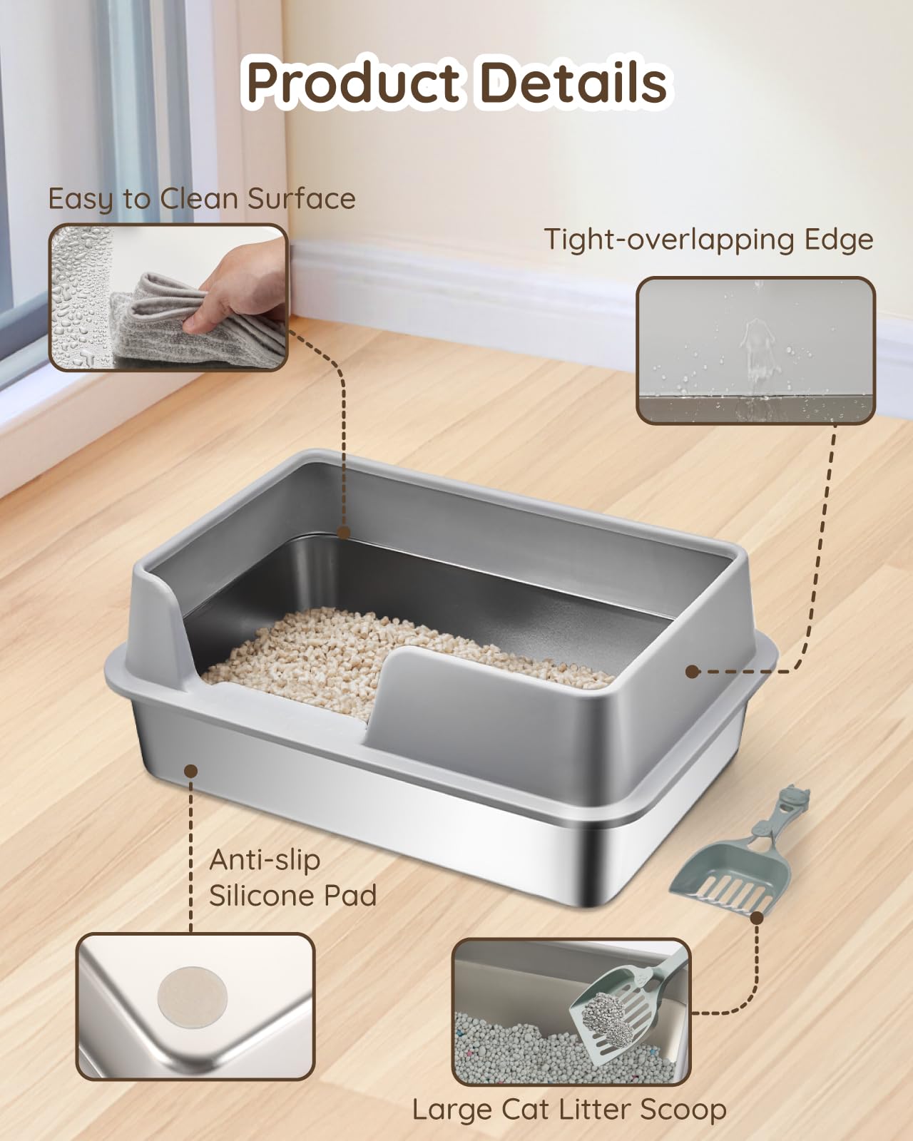 Stainless Steel Cat Litter Box with Lid - Papettly Stainless Steel Litter Box with High Sided, Metal Cat Litter Box with Double Layer Litter Mat, Scoop, Brush, Easy Cleaning & Anti-Leakage, 20"x14"