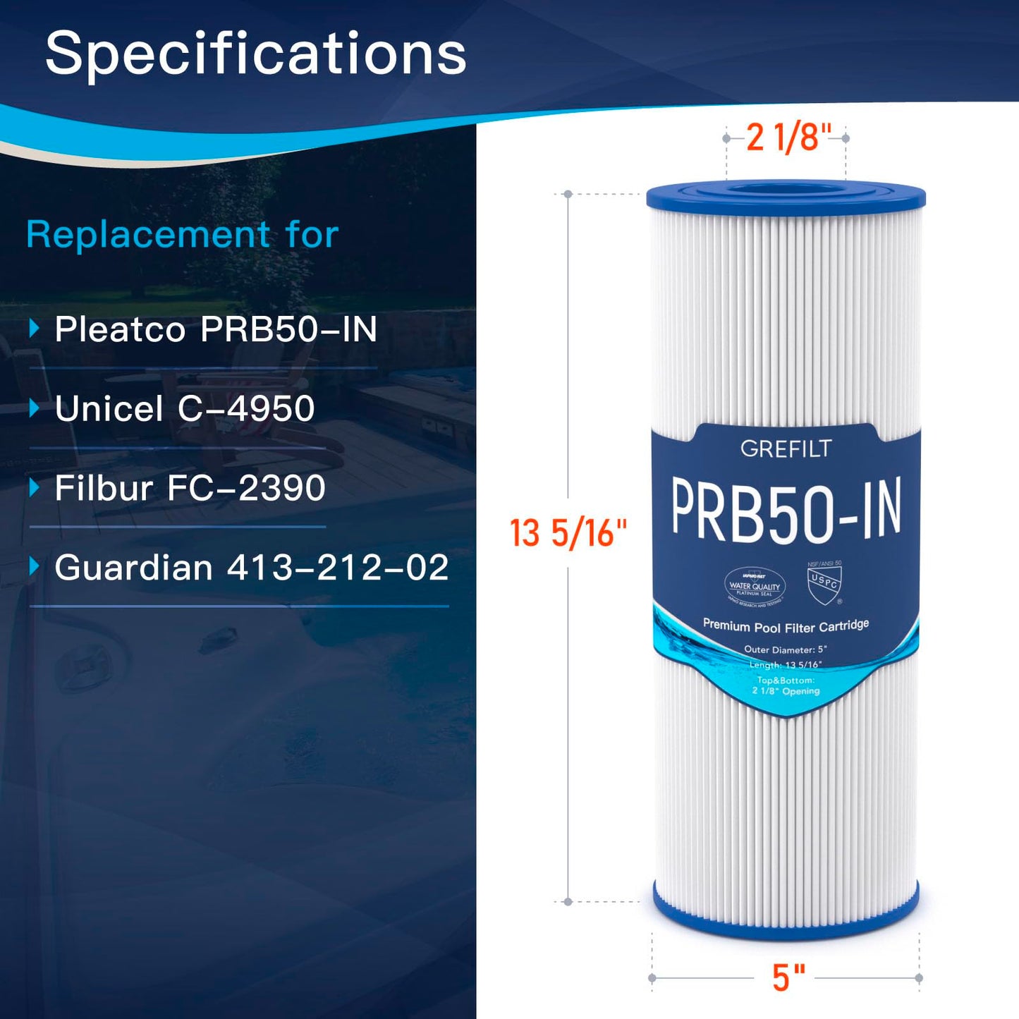 Grefilt PRB50-IN Hot Tub Filter Compatible with Unicel C-4950 Hot Tub Filter, Filbur FC-2390, Jacuzzi Filter Replacement for J200, Guardian 413-212-02, 5X13 Drop in, 50 sq.ft. 2-Pack