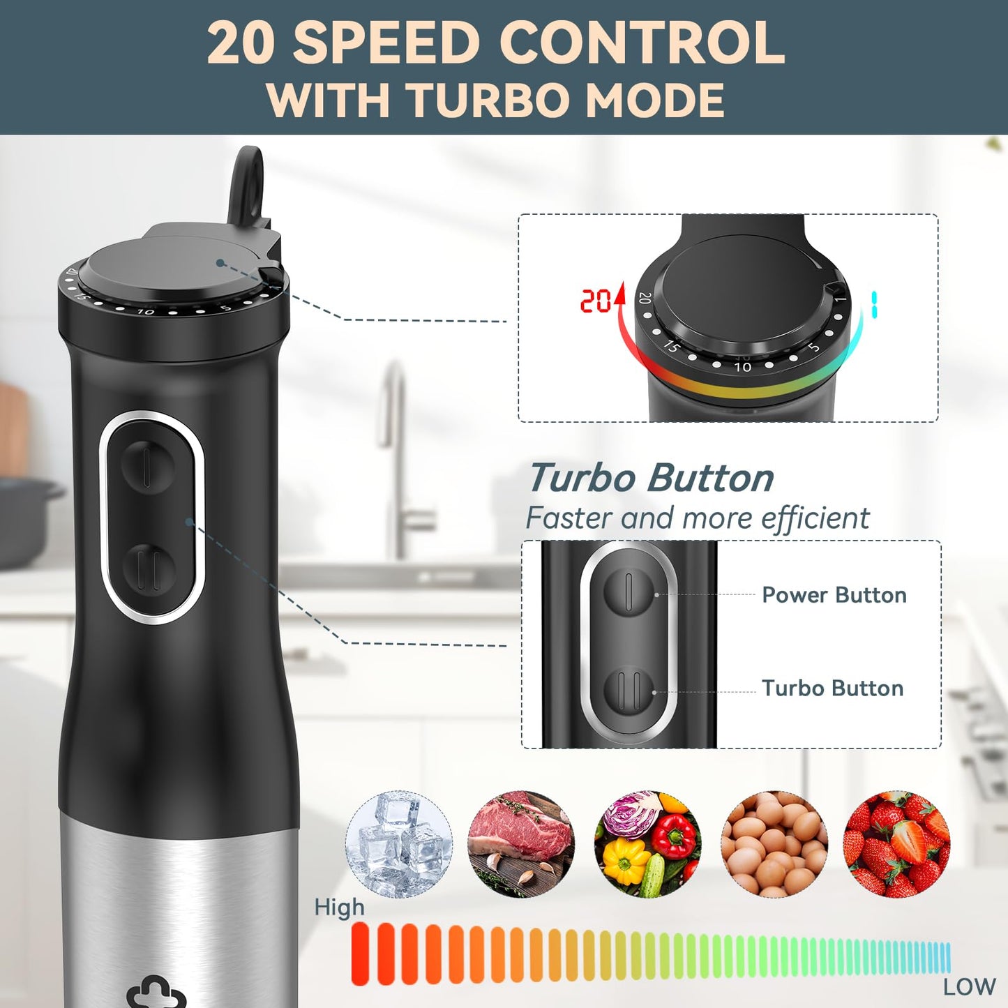 LINKChef 7 in 1 Immersion Blender Handheld, 800W Hand Blender with 2 Titanium Steel Blades, 20 Speed and Turbo Mode, Scratch Resistant Stick Blender with Whisk, Milk Frother, Food Processor, Beaker