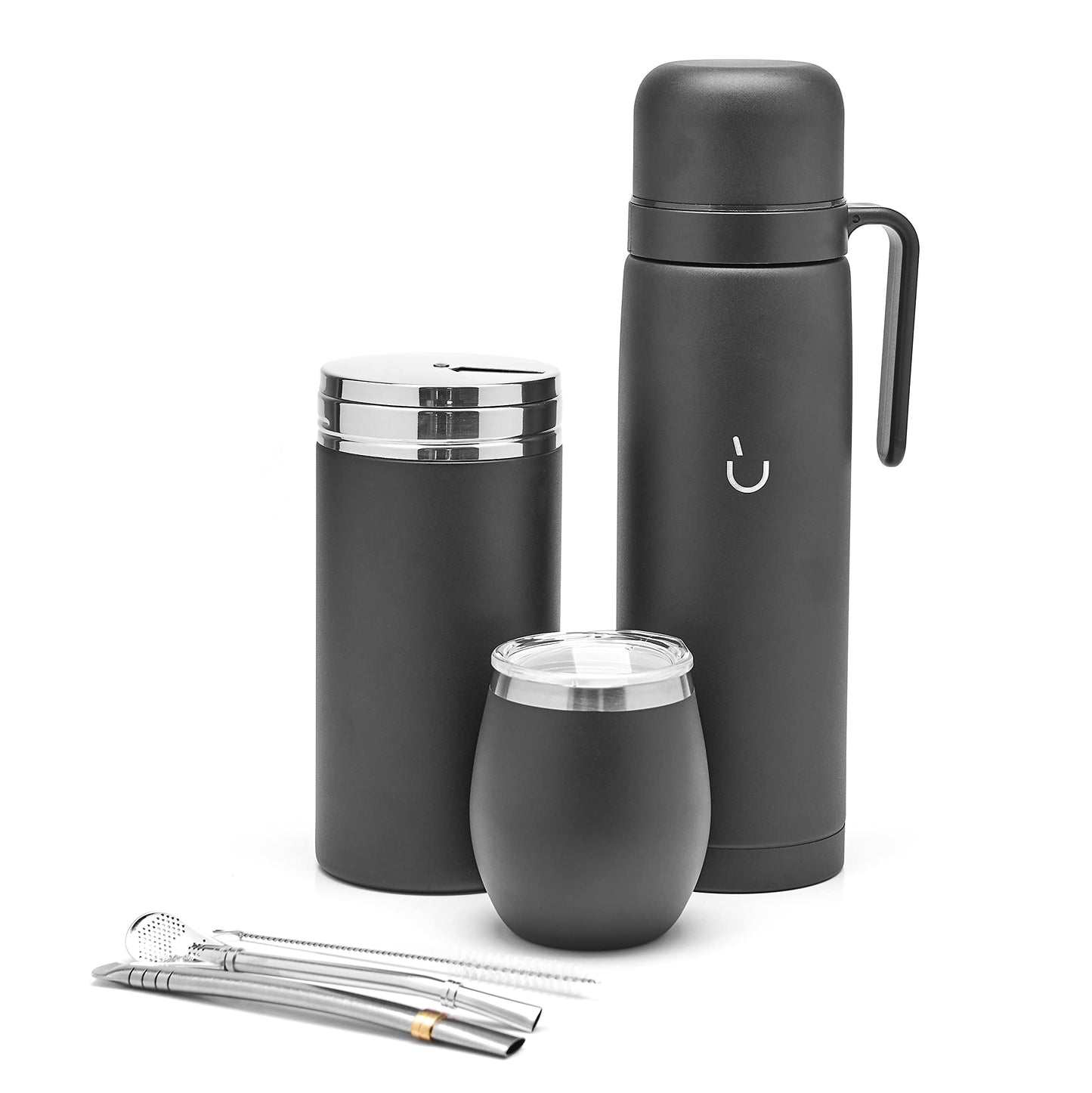 BALIBETOV Mate Cup Set – Modern Gourd, Thermal Bottle, Yerba Container (Yerbero), Bombilla (Straw) and Cleaning Brush – 304 18/8 Stainless Steel (Black)