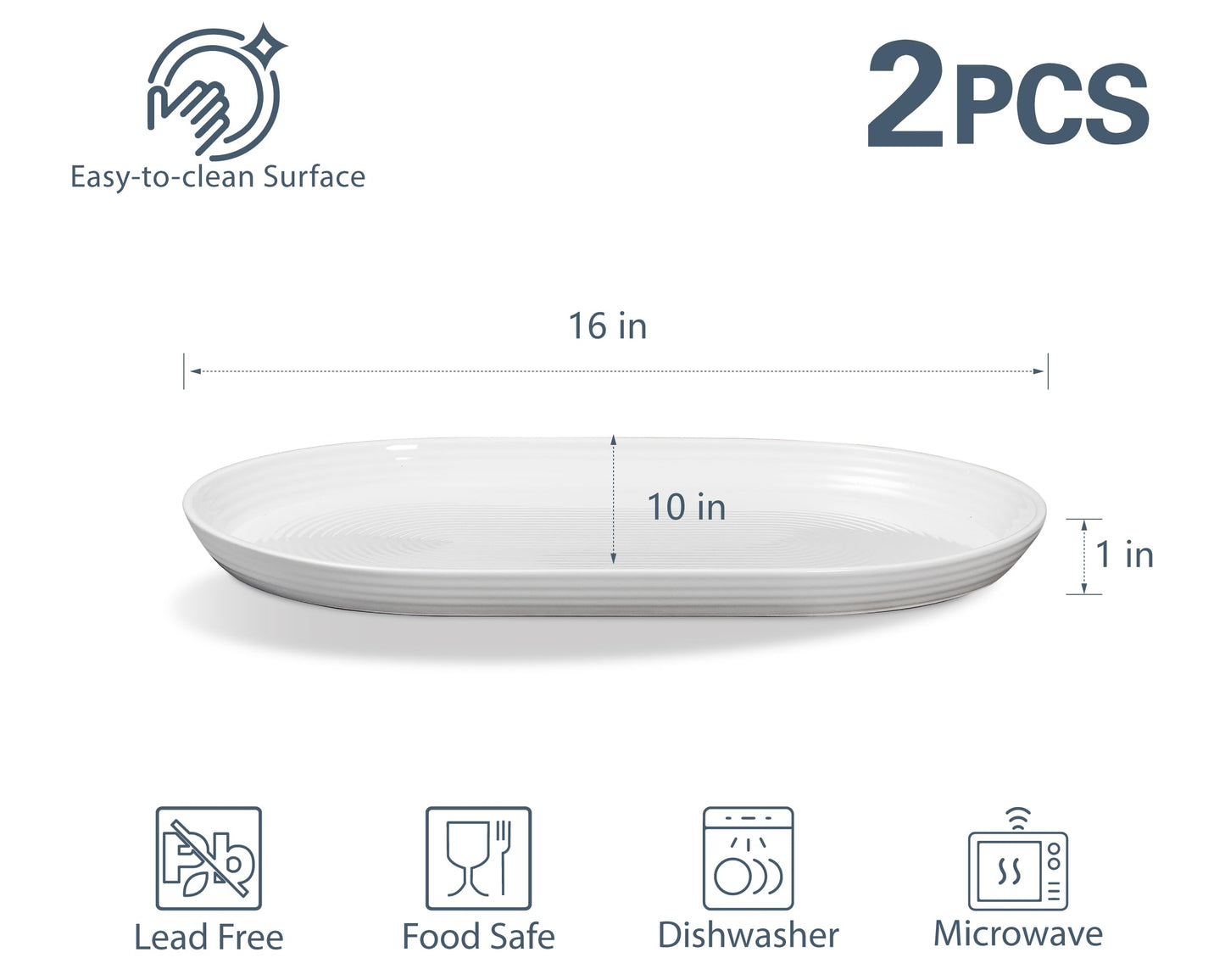 ONEMORE 16 Inch Ceramic Serving Plates for Entertaining, Set of 2 Large Oval Dinner Plates- Dishwasher Oven Safe Serving Tray for Food Meat Fish Parties- Porcelain Thanksgiving Turkey Platters - White