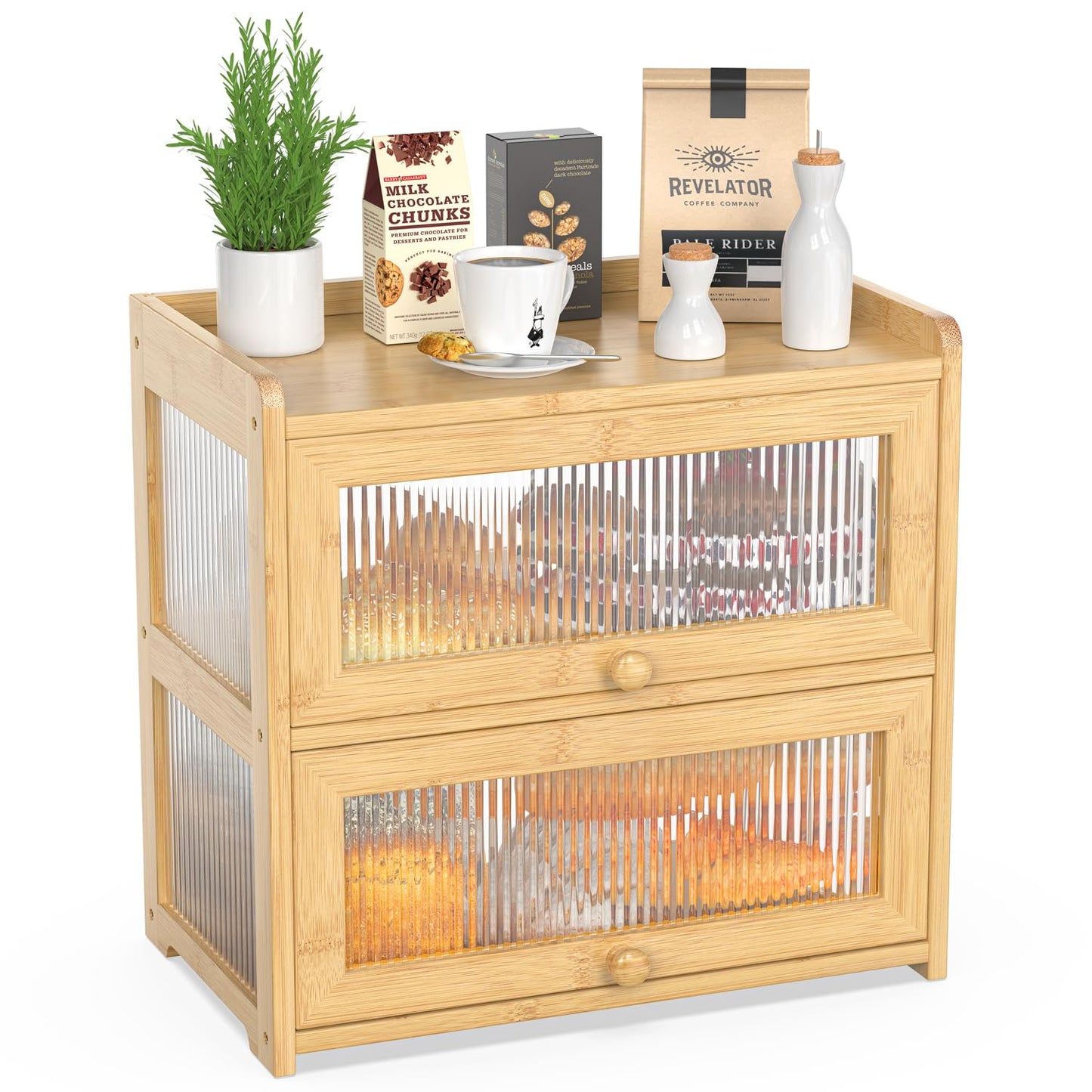 BAMBANG Extra Large Bamboo Bread Box for Kitchen Counter, Double Layer Bread Storage Container Farmhouse Bread Box with 4 Sides Transparency, Breadbox Bread Bin Holder for Homemade Bread, Natural