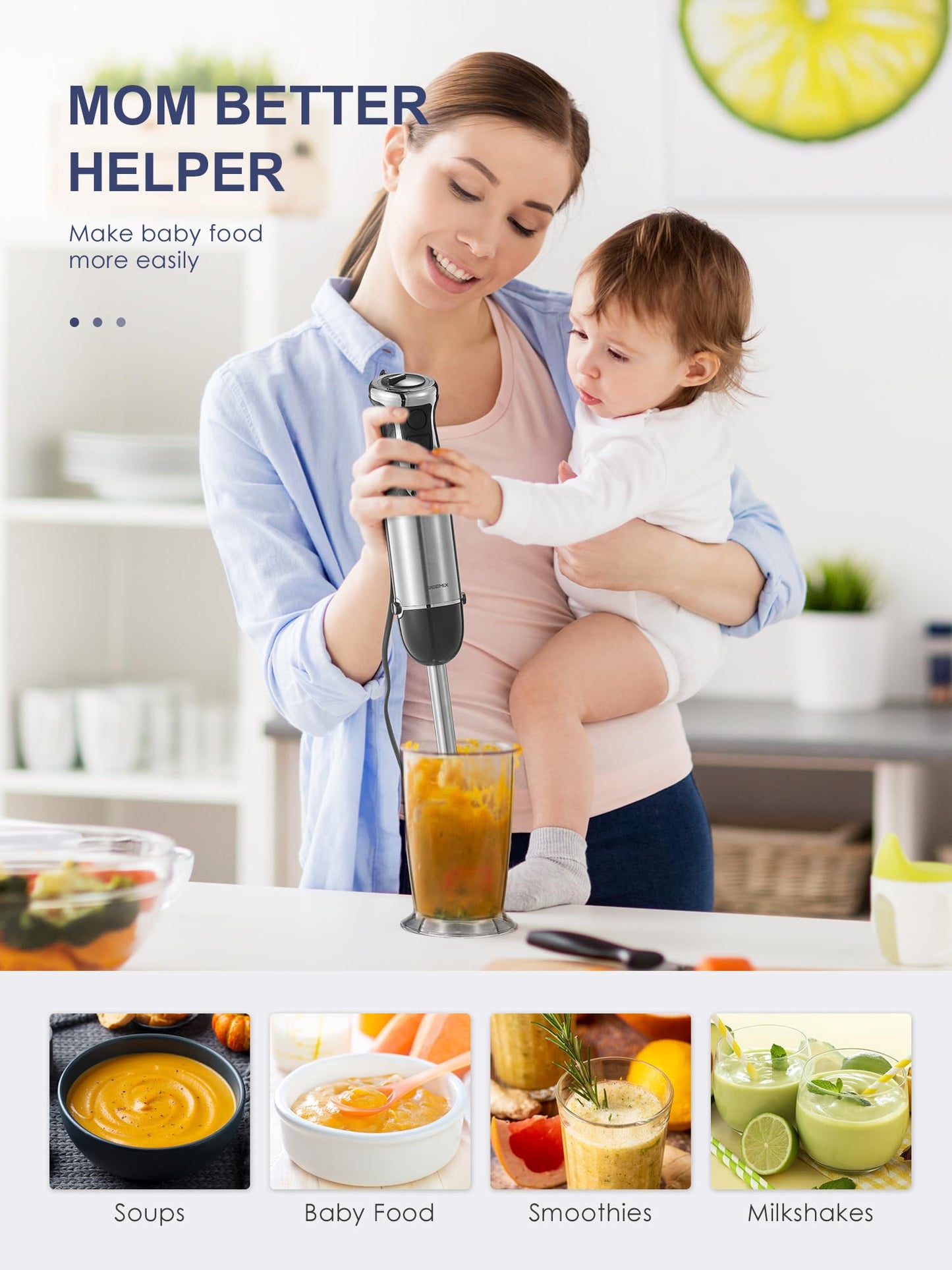 5-in-1 Hand Immersion Blender, 1000W Handheld Blender, Copper Motor Stainless Steel Blade Stick Blender, Mixing Beaker, Food Processor, Whisk, Milk Frother, for Smoothies Puree Baby Food (Black)