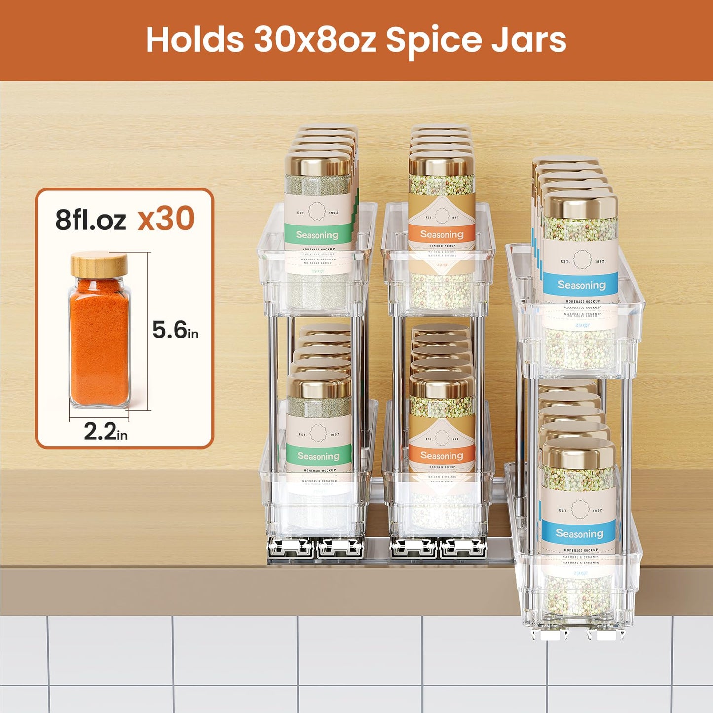 Mystozer 3 Packs Pull Out Spice Rack Organizer for Cabinet, Vertical Spice Rack Pull Out, Heavy Duty Slide Out Seasoning Organizer, 2.3" Wx10.35''Dx8.26''H, 3 Drawers 2 Tiers(Clear)