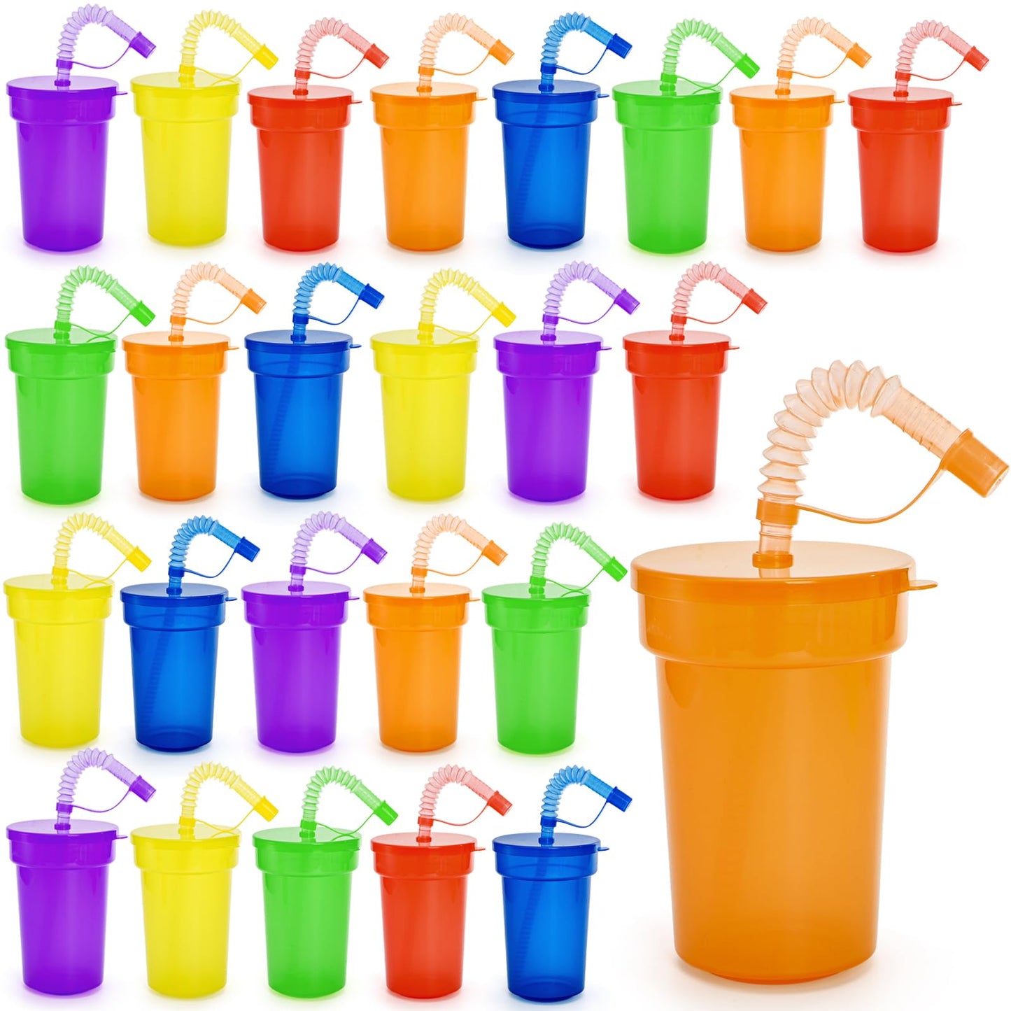 WRINGKIT 24 Pcs Plastic Cups with Lids and Straws, 12 Oz Colorful Neon Sipper Cup, Leak Proof Tumbler Cups Bulk, Reusable Juice Cups for Birthday, Events Celebrations Supplies, 6 Colors