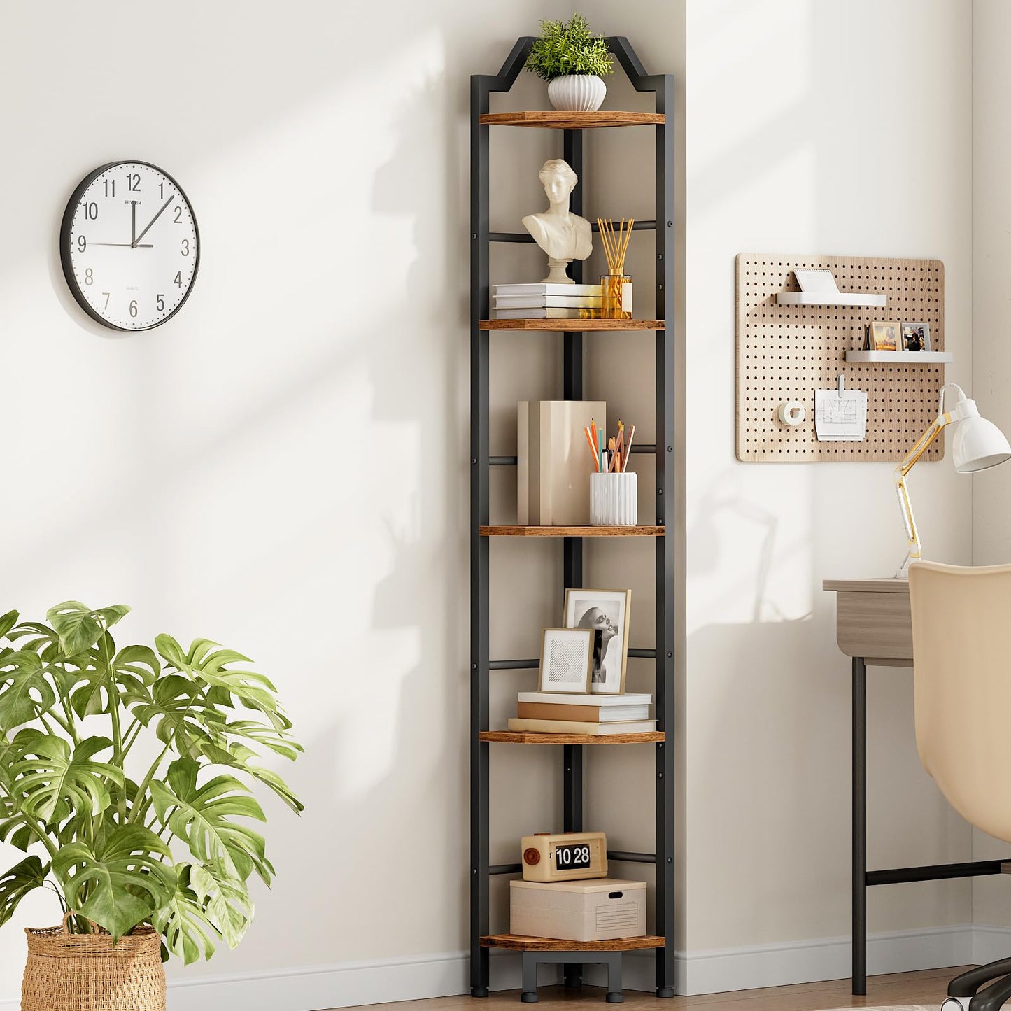 HOOBRO Corner Shelf, 5-Tier Corner Shelf Stand, Standing Display Shelf, Corner Bookcase Shelving, for Living Room, Bedroom, Study, Kitchen, Rustic Brown and Black BF100CJ01
