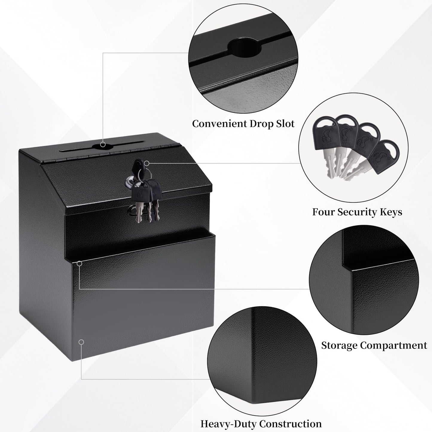 Suggestion Box with Slot and Lock Donation Box with 4 Keys Metal Ballot Box Wall Mount Black