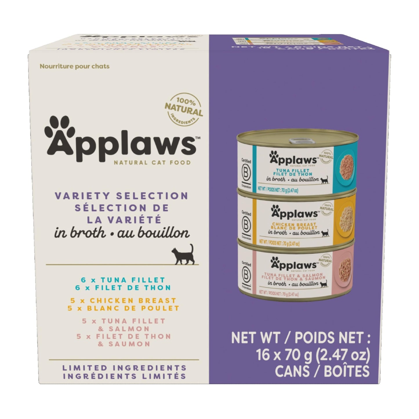 Applaws Natural Wet Canned Cat Food, Limited and Natural Ingredients, High Protein with No Artificial Additives, Variety Pack in Broth (16 x 2.47oz Cans)