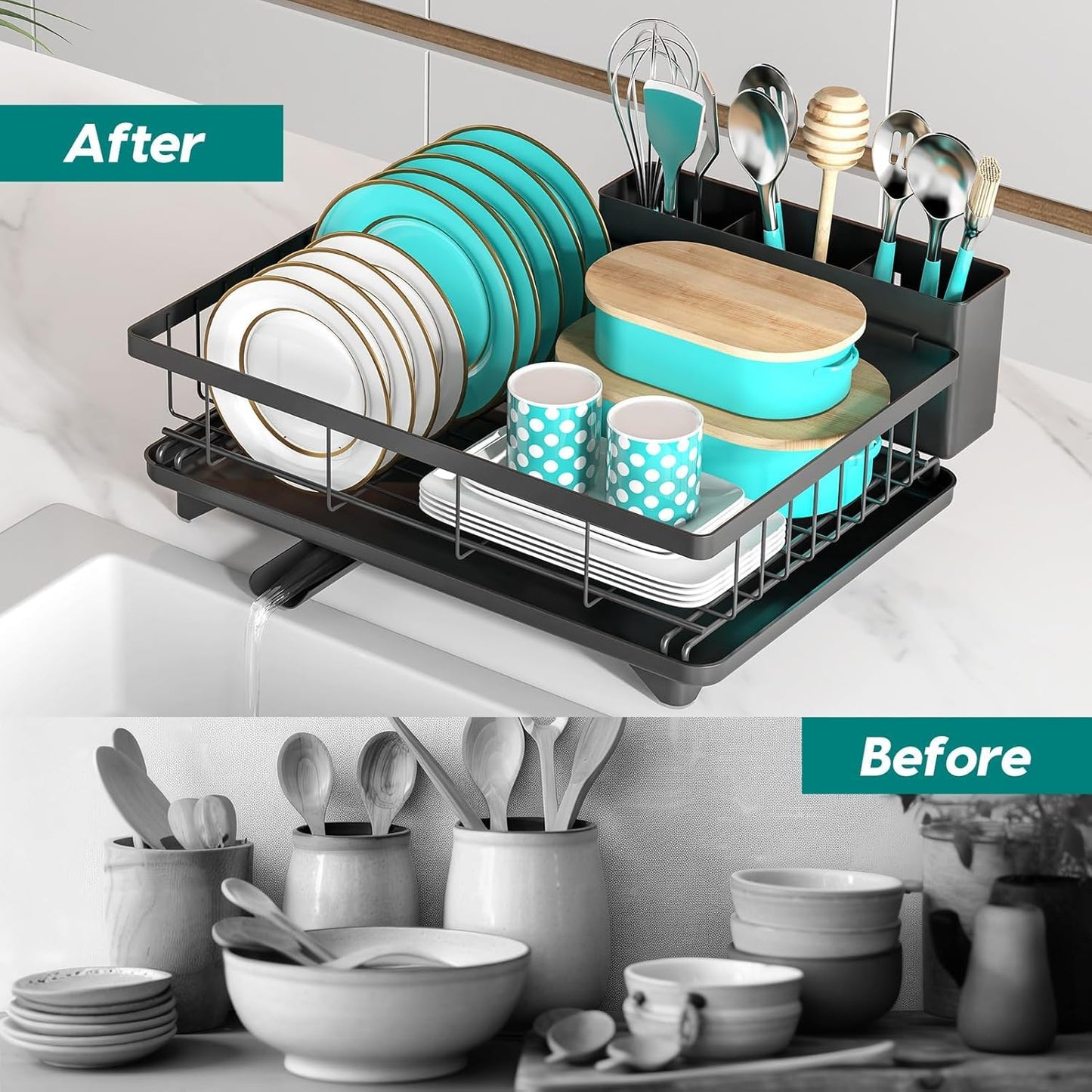 MERRYBOX Dish Racks with Drain Board -2 Tier Large Dish Drying Rack for Kitchen Counter, Dish Drainers with Large Utensil Holder,Cup Holder and Cutting Board Holder