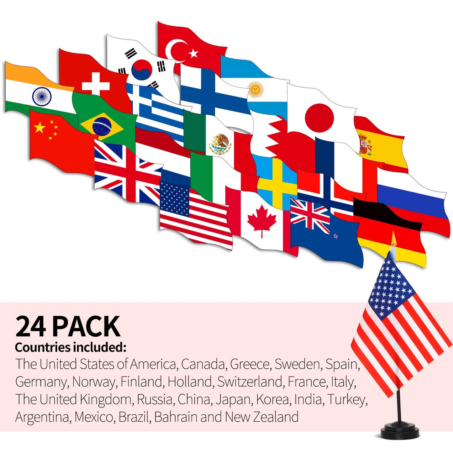 ANLEY 24 Countries Deluxe Desk Flags Set - 7.5 x 5.5 Inches Miniature American US Desktop Flag with 12.5" Black Pole - Vivid Color and Fade Resistant - Come with Black Base and Black Top