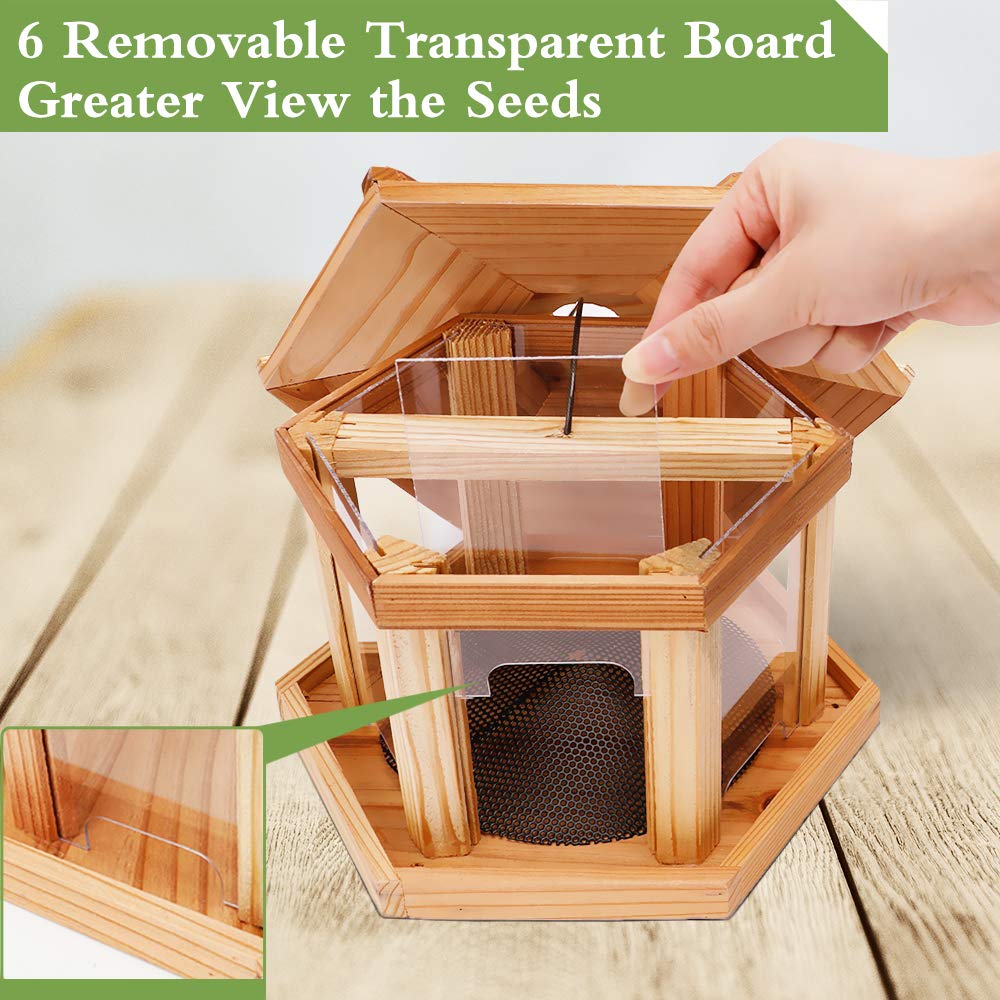 Solution4Patio Hexagon Shaped Gazebo Bird Feeder, USA Cedar, Mangeur d'oiseaux extérieur, Hollow Mesh Tray, Large Capacity, Easy to Clean & Fill, 9.6" Dia. X 8.7" Tall