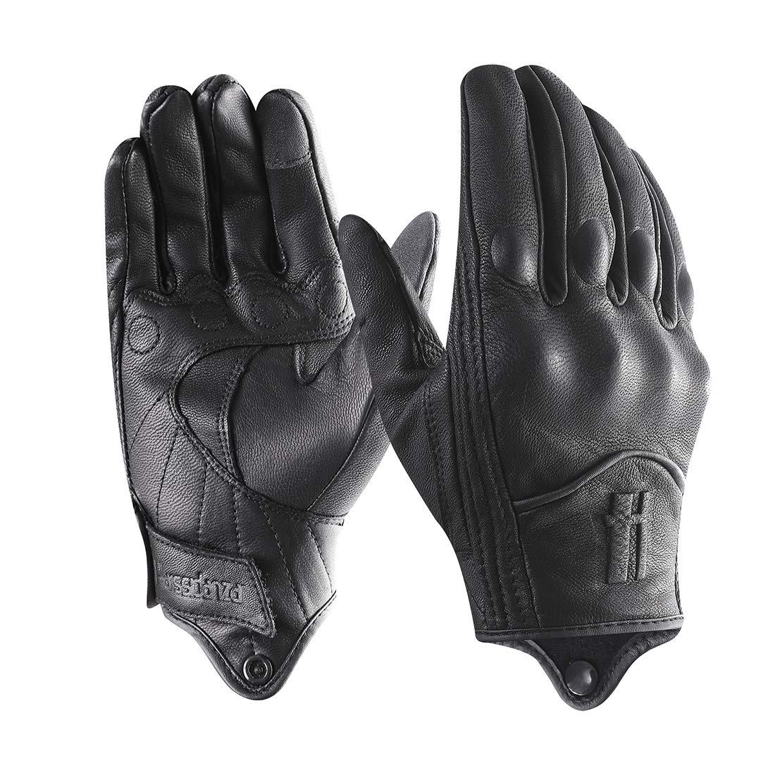 Harssidanzar Mens Full Finger Goatskin Leather Touchscreen Motorcycle Gloves GM028A,Black,Size L