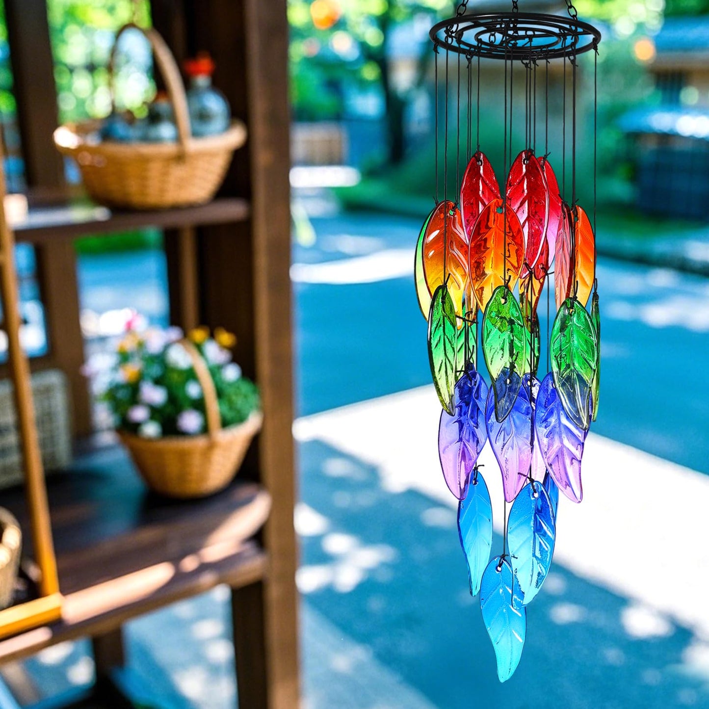 Small Sea Glass Wind Chimes for Outside, Fall Leaves Windchimes Outdoors Unique, Sea Glass Art Wind Chimes Outdoor Gifts for Women, Hanging Outdoor Garden Decor