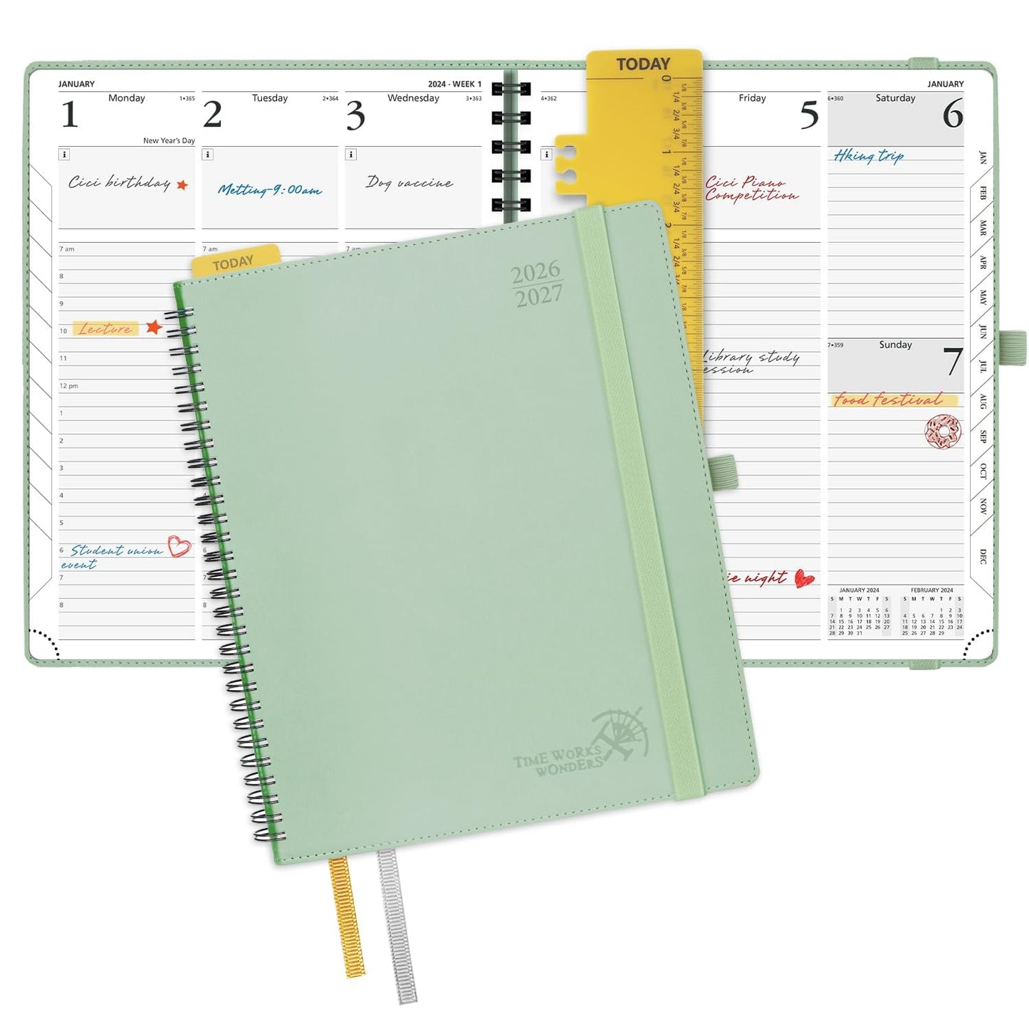 POPRUN Agenda 2026-2027 (Large - 8.5'' x 10.5'') Academic Weekly and Monthly Planner Calendar (July 2026 - June 2027) with Hourly Time Slots, Monthly Tabs, 100GSM Thick Papers, Spiral Leather Cover - Celadon Green