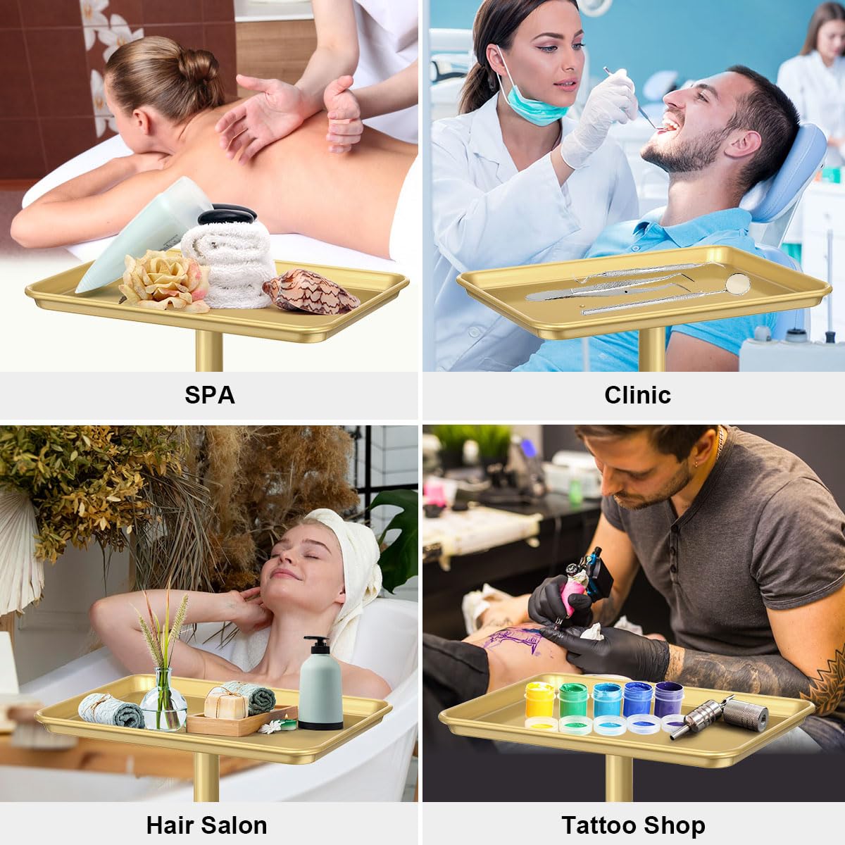 Salon Tray Cart Premium Aluminum Tattoo Tray, Champagne Gold Salon Rolling Tray, Height Adjustable Utility Trolley, Salon Tray on Wheels for Spa Hairstylist Clinic Dental