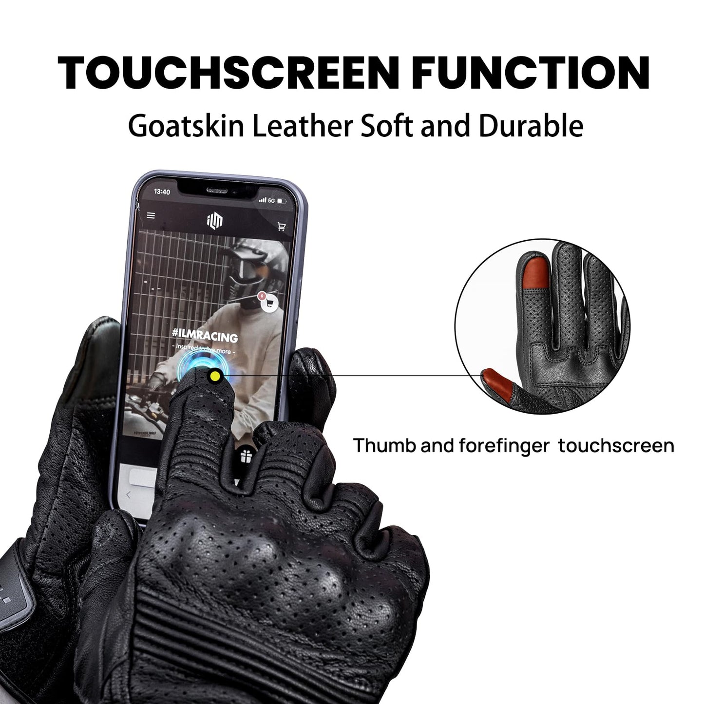ILM Goatskin Leather Motorcycle Motorbike Powersports Racing Gloves Touchscreen for Men and Women Black (XXL, Black Perforated)