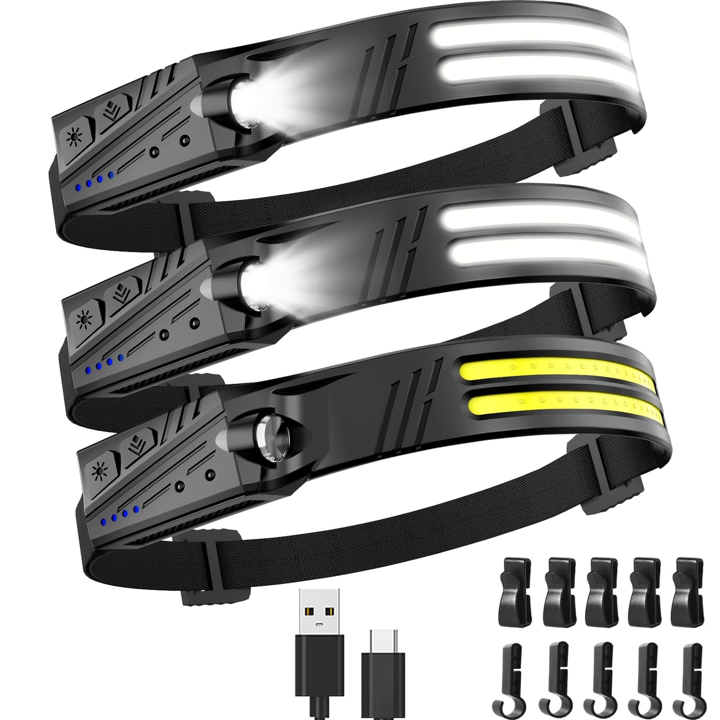 Headlamp Rechargeable,3 Pack Super Bright 2000 Lumen Head Lamp,230° Wide Beam 1500mAh Motion Sensor Lampe Frontale,5 Modes IPX5 Waterproof 0.14lb Lightweight Headlights for Camping Essentials Hiking