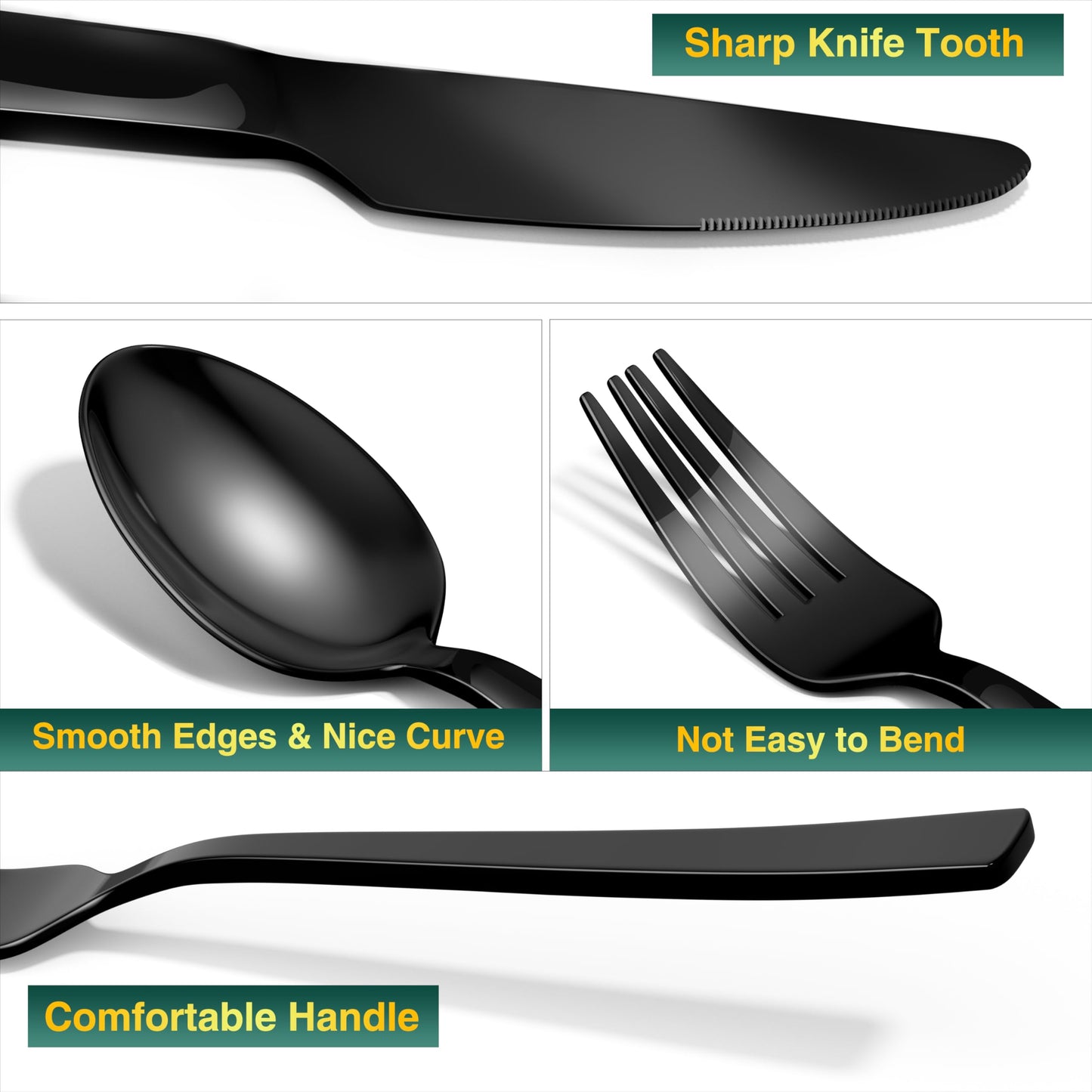 48-Piece Black Flatware Set with Steak Knives for 8, Yoehka Stainless Steel Cutlery Set Home Kitchen Eating Utensils Set, Tableware Include Fork Knife Spoon, Mirror Polished
