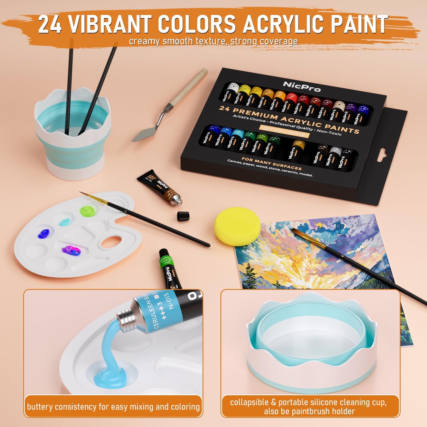 Nicpro 68PCS Acrylic Paint Canvas Set for Adults & Fluid Art Painting Supplies Kit with 24(0.4/OZ) Paints,Table Easel,8 Canvas Panels,12 Brushes,Paper Pad,Cleaning Cup,Sponge,Palette for Artist Beginner