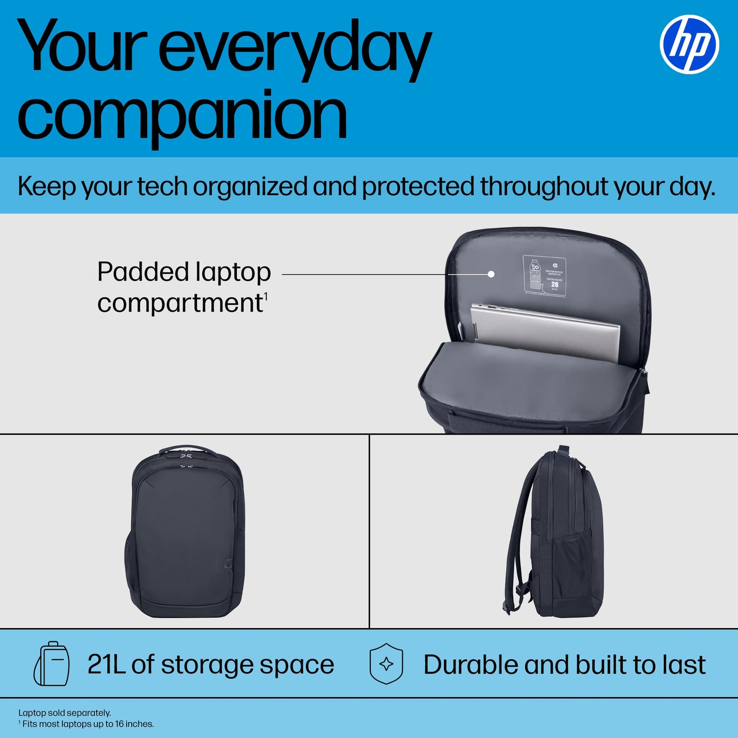 HP Everyday 16-inch Laptop Backpack, Water-Resistant 600D Recycled Plastic, Padded Laptop Compartment, Key Fob, Polyester, A08JXAA (2025)
