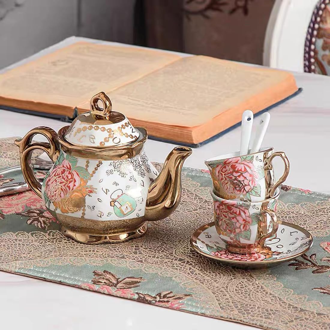 CHANJOON Tea Sets Gold Plated Red Rose Ceramic Tea Set, Vintage Teapot Tea Sets Beautiful Tea Set Coffee Serving 6 People (Golden, Large)