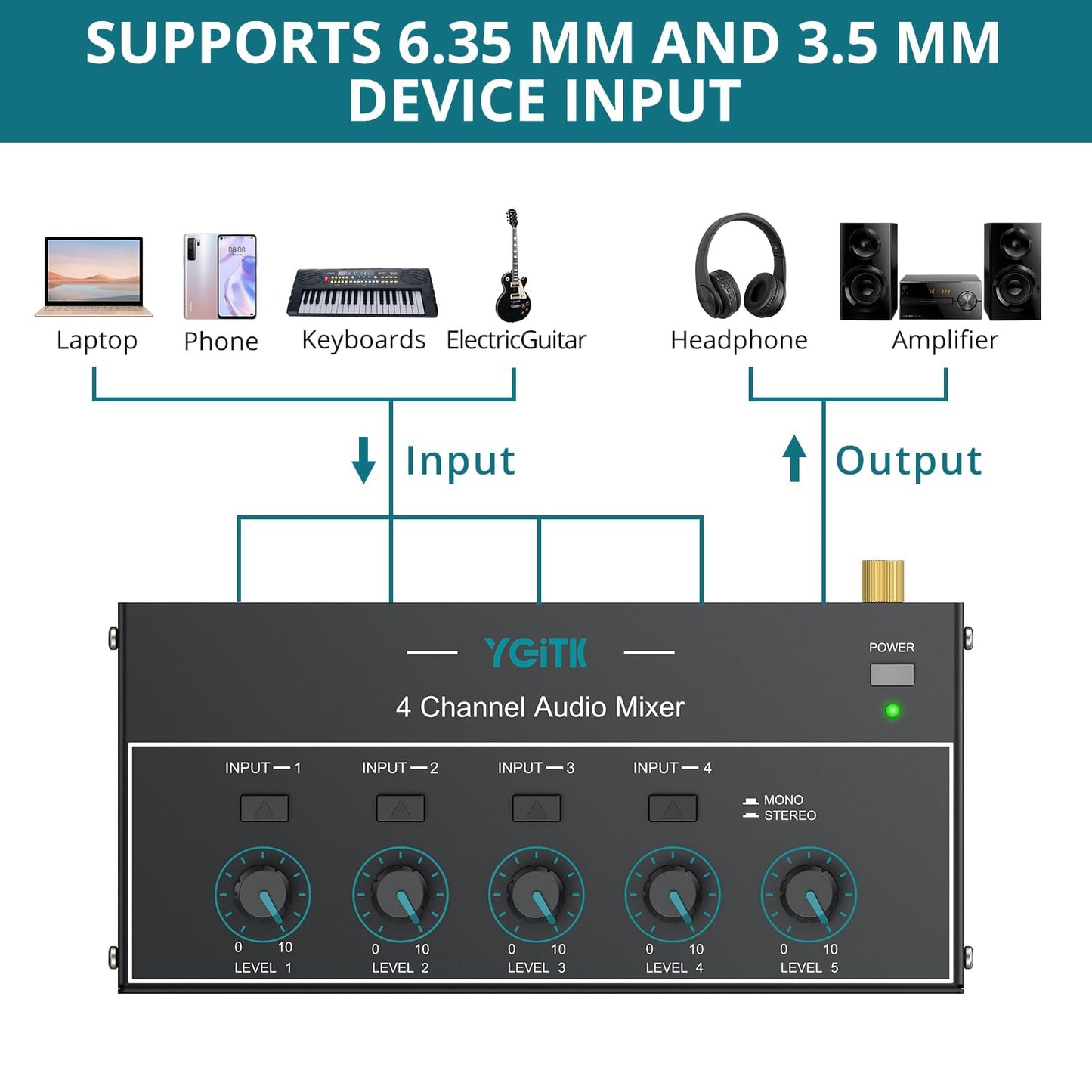 4 Channel Audio Mixer, Mini Karaoke Mixer, 3.5mm&6.35mm I/O Interface, Mono/Stereo Mixer, Independent Control and Switch, Sound Mixer for Guitars, Bass, Keyboards, Stage, Dynamic Microphone