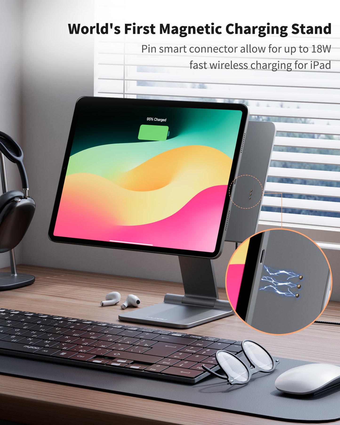 [Upgrade] KU XIU Magnetic Wireless Charging Stand for iPad Pro/Air 11 M2, Foldable Aluminum Alloy Tablet Holder Mount for Desk, Adjustable Tablet Stand for iPad Pro 11 1st/2nd/3rd/4th,Air 10.9 4th/5th