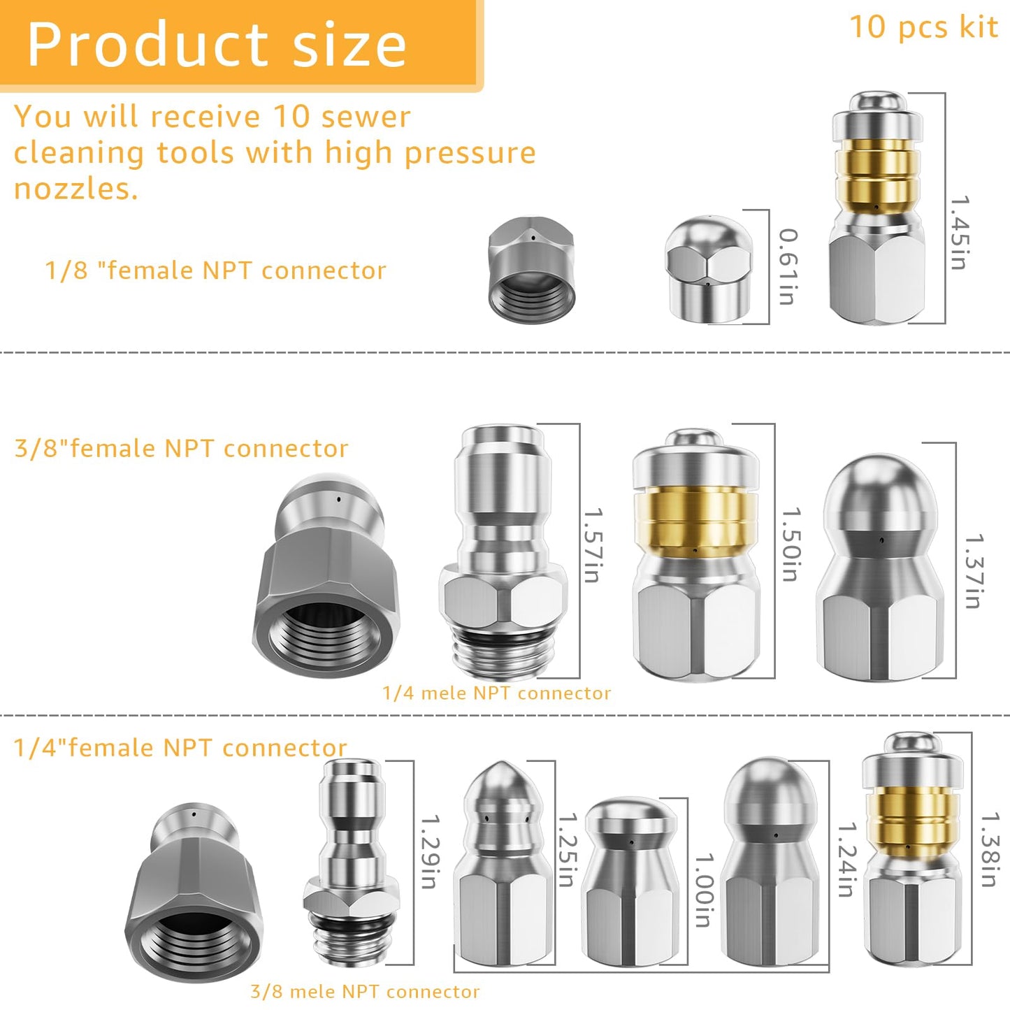 Wllead Jetter Heads Kit (Pack of 10) - Rotating Button Drain Cleaning Nozzle Tips for Pressure Washer Sewer Jetter - Stainless Steel 5000 PSI