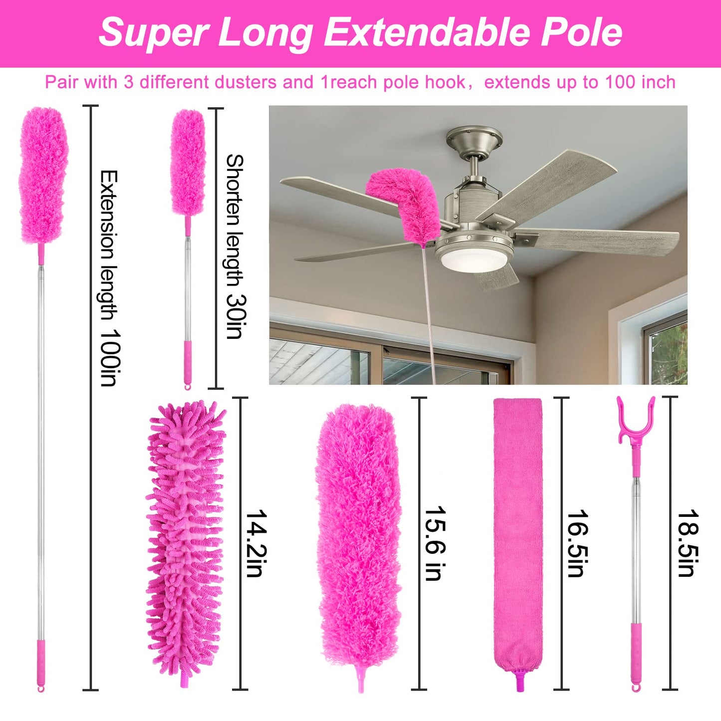 CALBEAU 15PCS Microfiber Feather Duster Set Bendable & Washable with 100-inch Extension Pole Dusters for Cleaning High Ceiling Fan, Blinds, Cars, Furniture, Cleaning Tools Kit for Women