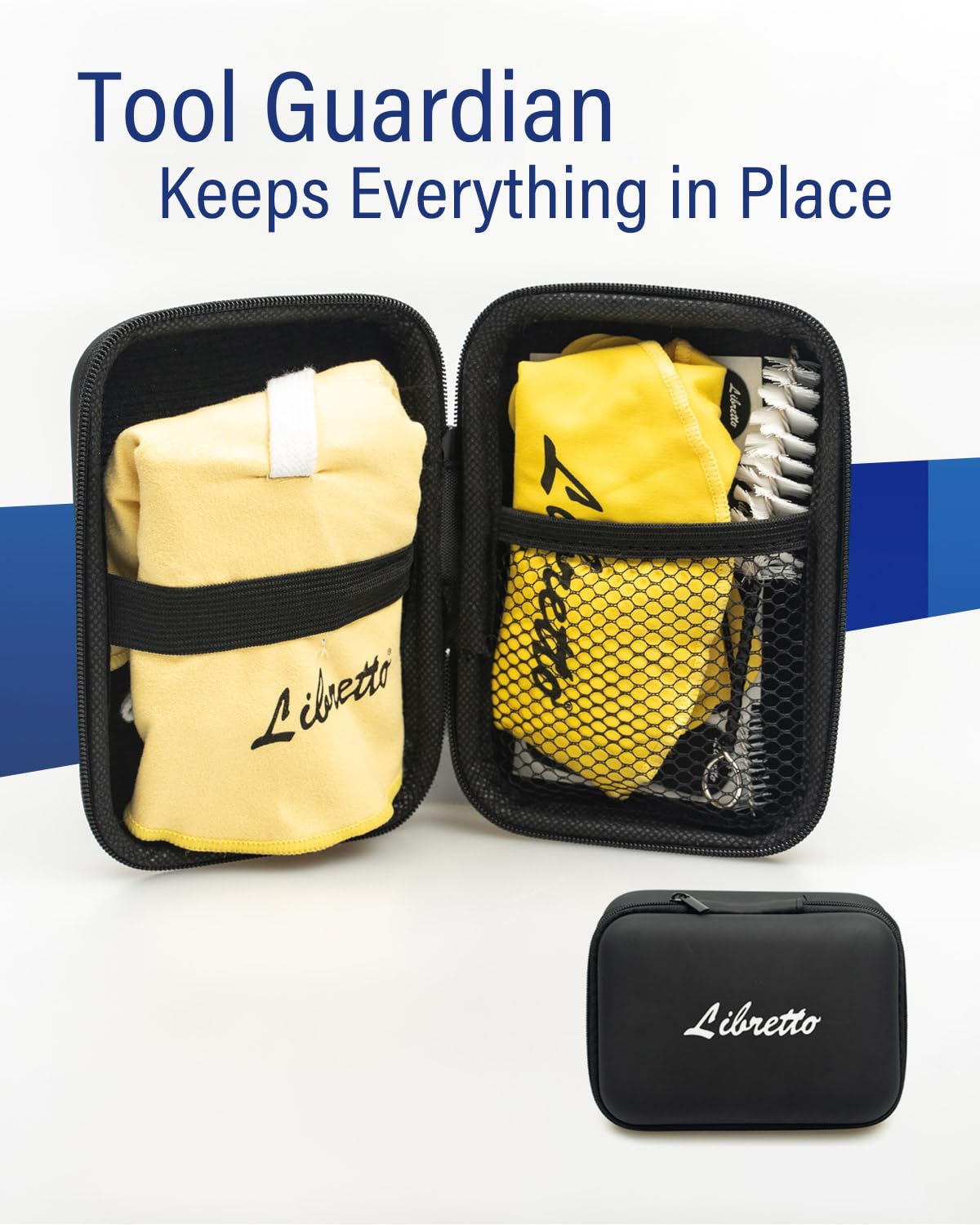 Libretto Alto Saxophone Cleaning Kit with EVA Case, Including 2 Microfiber Cleaning Swabs, 16 Mouthpiece Cushions, Mouthpiece Brush, Dust Brush, Thumb Cushion, 3 Microfiber Pad Dryers.