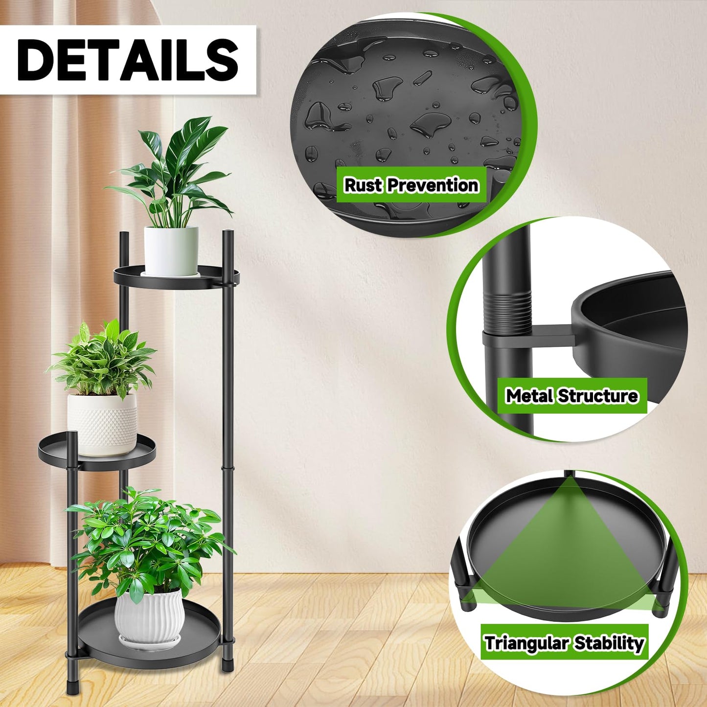 MeyRolizn 3 Tiered Plant Stand Indoor Outdoor, Metal Corner Plant Stand Plant Shelf Tables, Heavy Duty Flower Shelf Display Rack for Indoor Living Balcony Patio Garden Bedroom Classroom, Black (Black-B)