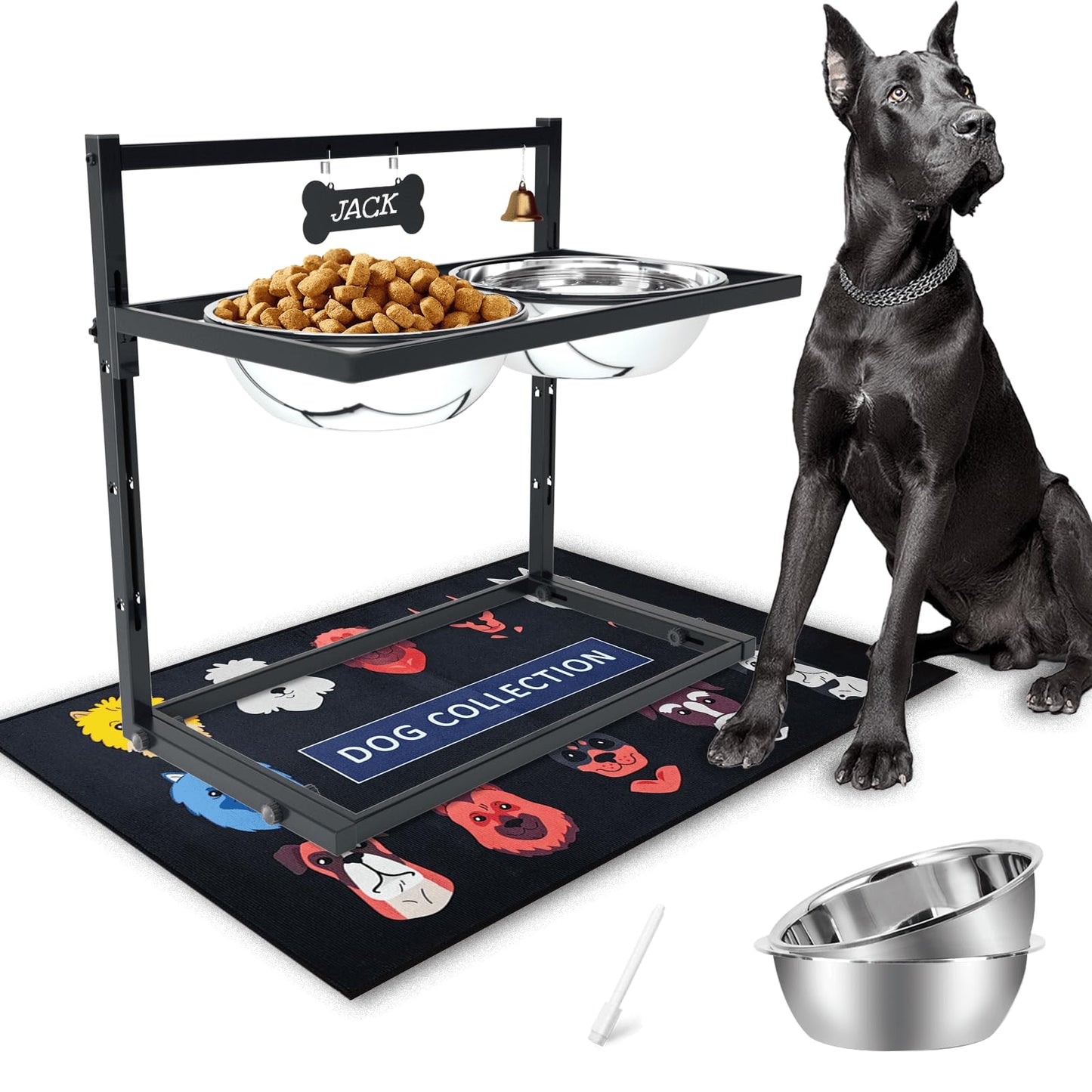 X-Large Elevated Dog Bowls for Extra Large Dogs with Mat,Raised Dog Bowl Stand for Large Breed Adjusable Height Dog Feeder with Two 3L(𝟏𝟑𝐂𝐔𝐏𝐒) Stainless Steel Dog Food Bowls