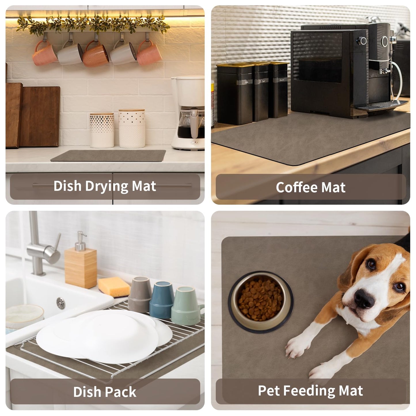 MontVoo-Absorbent Dish Drying Mat-Kitchen Counter Rubber Backed Water Absorbing Drying Mat-Hide Stain Under Dish Mat Quick Dry Coffee Mat-Brown 17''x31''