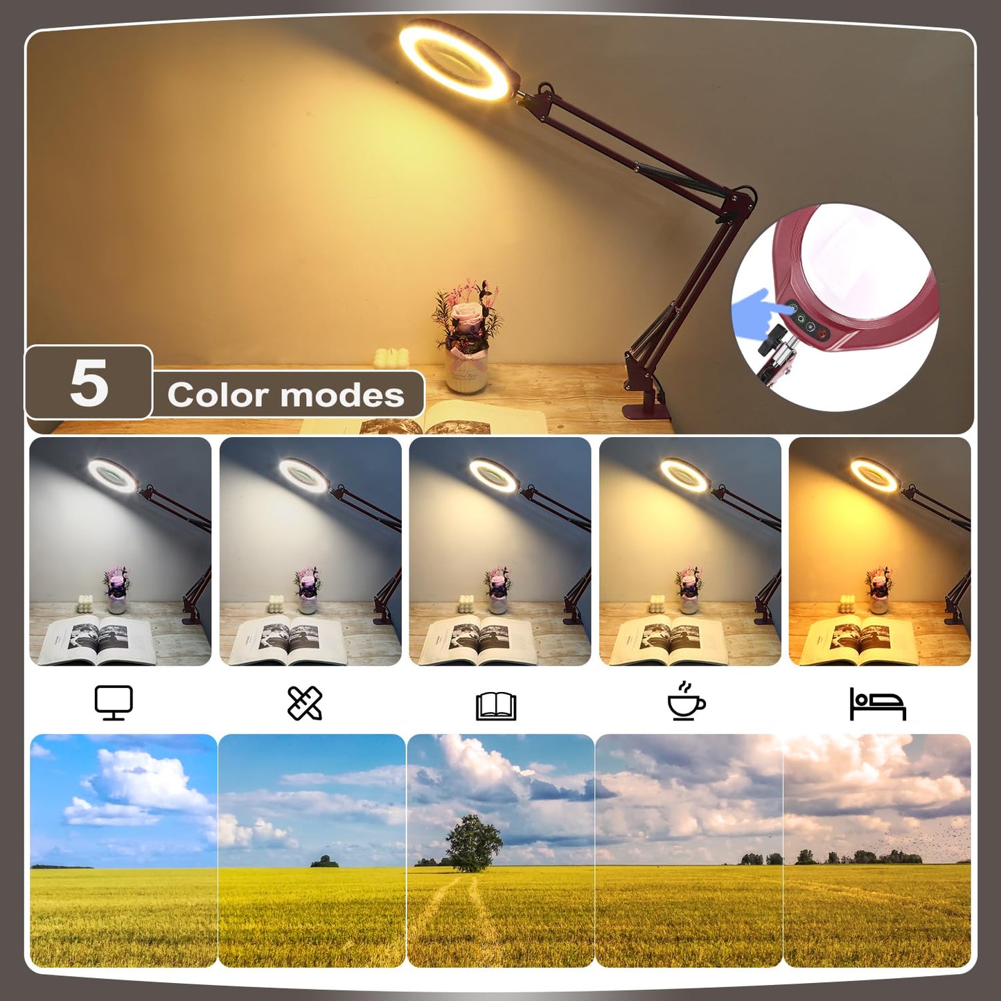 5 Inch Large Magnifying Glass with Light and Stand, 5 Color Modes Stepless Dimmable, Long Swivel Arm LED Clamp Desk Lamp, Hands Free 10X Lighted Magnifier for Close Work Craft Hobby Soldering - Red