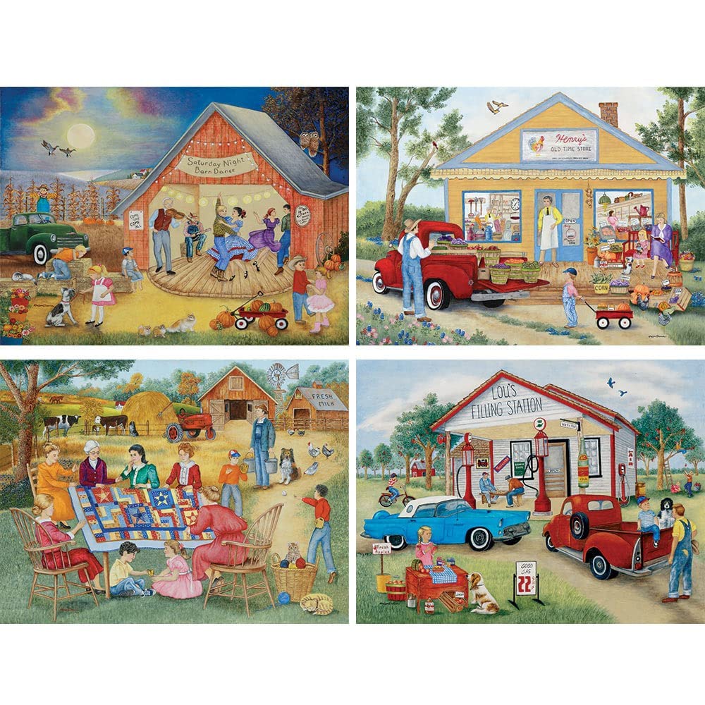 Bits and Pieces - 4-in-1 Multi-Pack - 300 Piece Jigsaw Puzzles for Adults-Each Measures 16" x 20" (46cm x 61cm)-Friendly Folk by Artist Kay Lamb Shannon