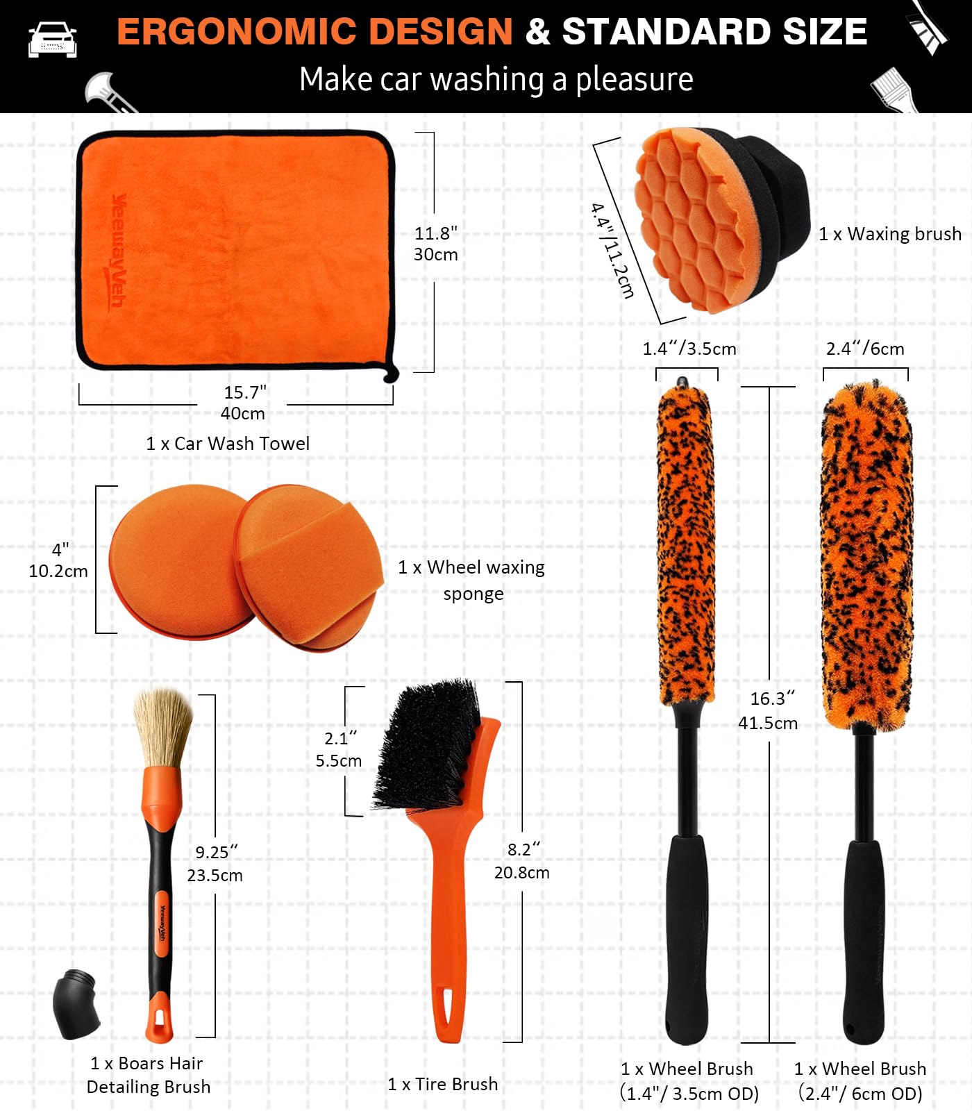 YeewayVeh 8PCS Wheel Brush Kit, Pro Synthetic Wool Rim Cleaner & Tire Brush Set, Scratch-Free Bendable Wheel Cleaning Brushes for Rims & Spokes, with Tire Shine Applicator & Detailing Brush, Orange