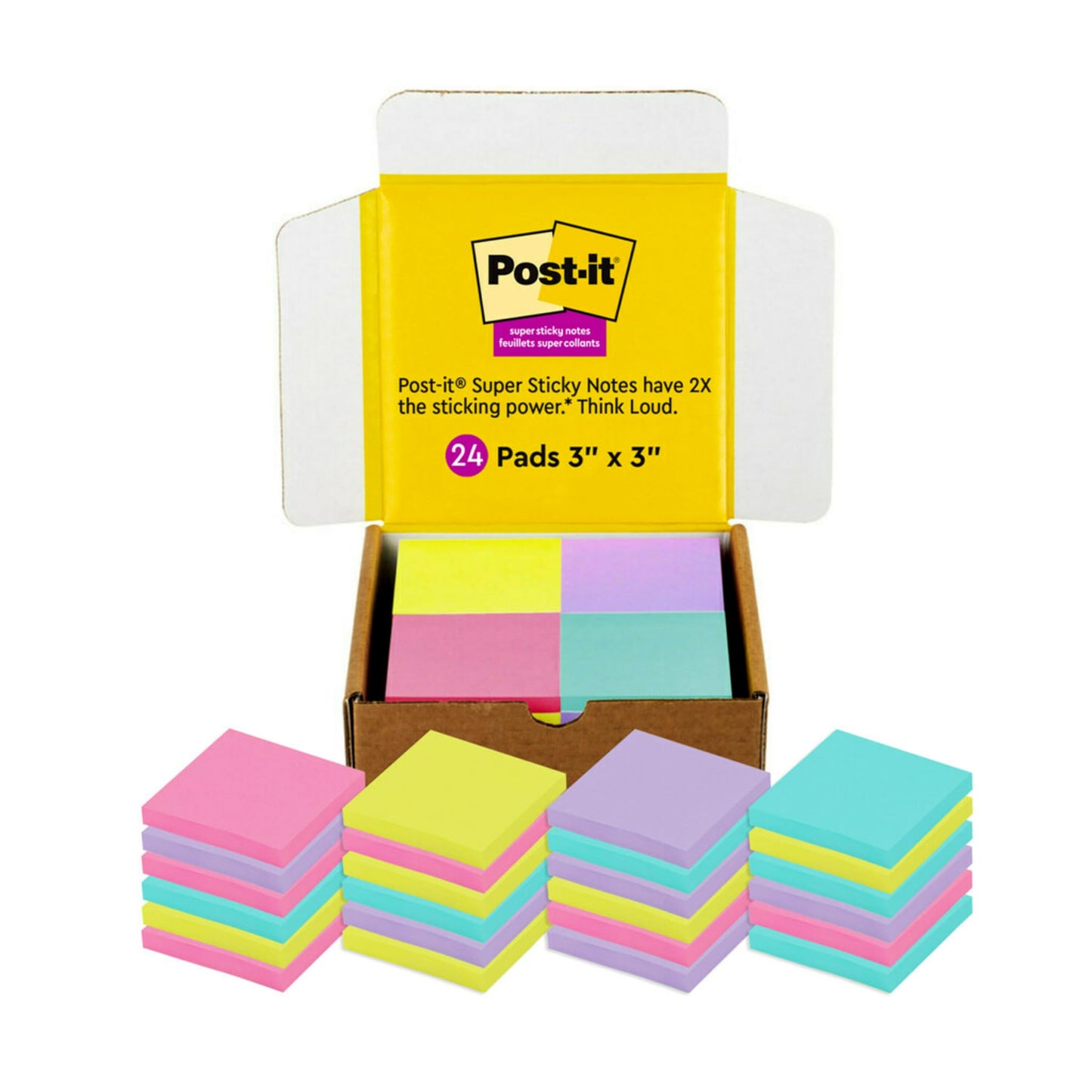 Post-it Super Sticky Notes, 3x3 in, 24 Pads/Pack, 70 Sheets/Pad, Assorted Bright Colors, Aqua Splash, Acid Lime, Tropical Pink and Iris Infusion (654-24SSMXSIOC)